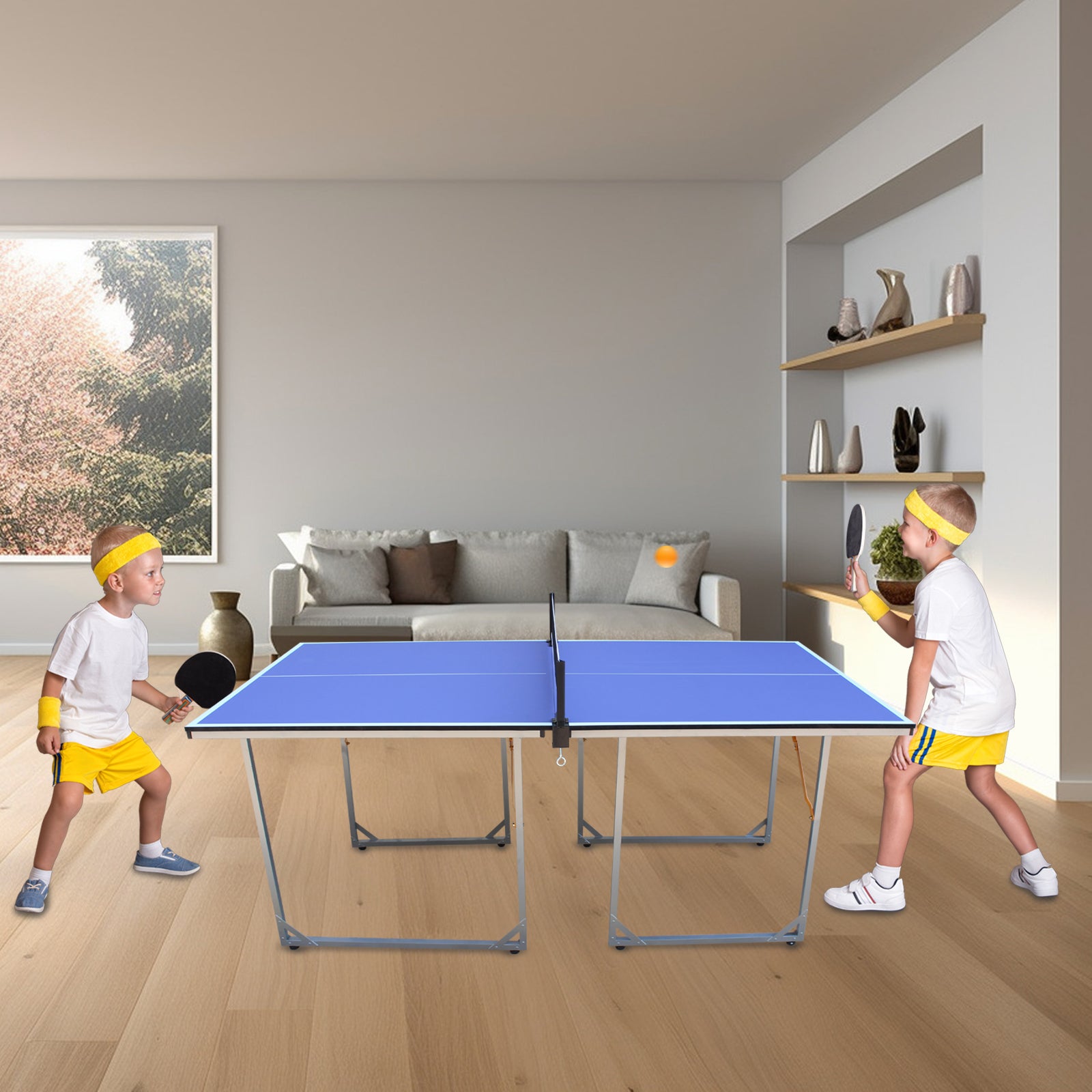 6ft Mid-Size Table Tennis Table Foldable & Portable Ping Pong Table Set for Indoor & Outdoor Games with Net, 2 Table Tennis Paddles and 3 Balls