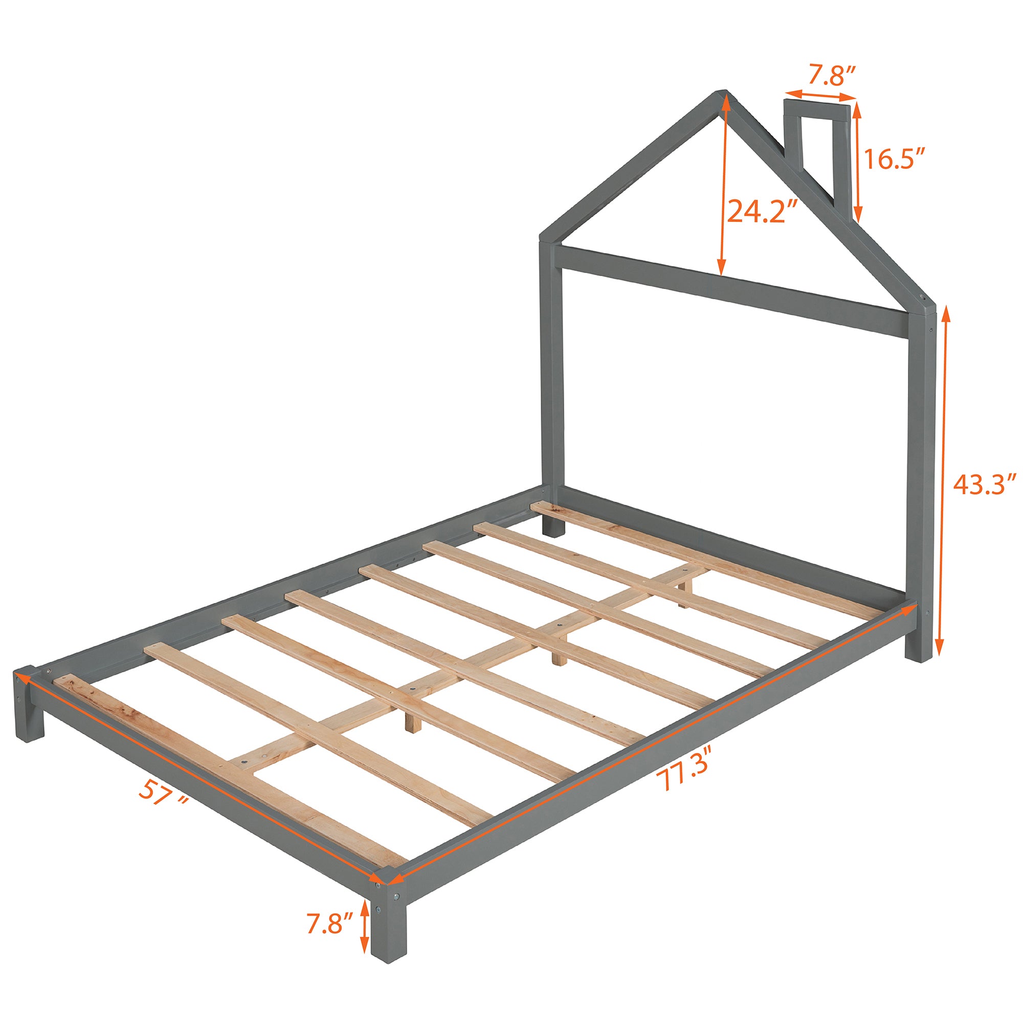 Full Size Wood Platform Bed with House-shaped Headboard  (Gray)