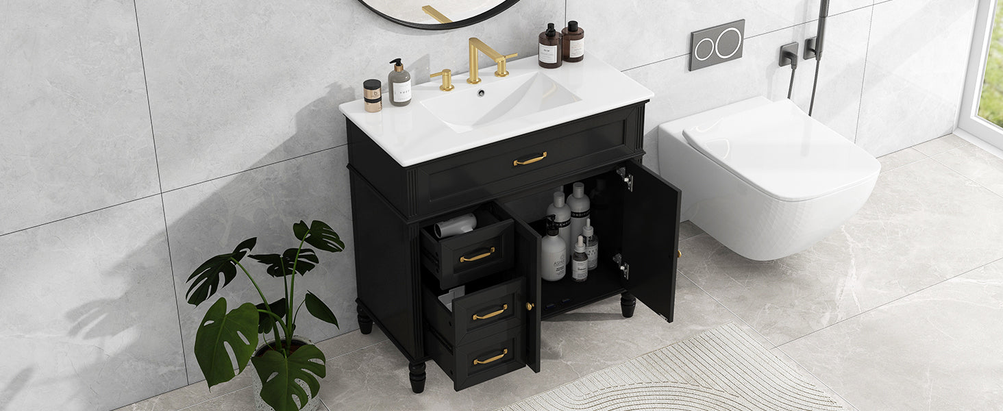 36" Bathroom Vanity with Sink, Black Bathroom Cabinet with Drawers, Solid Frame and MDF Board, One Package