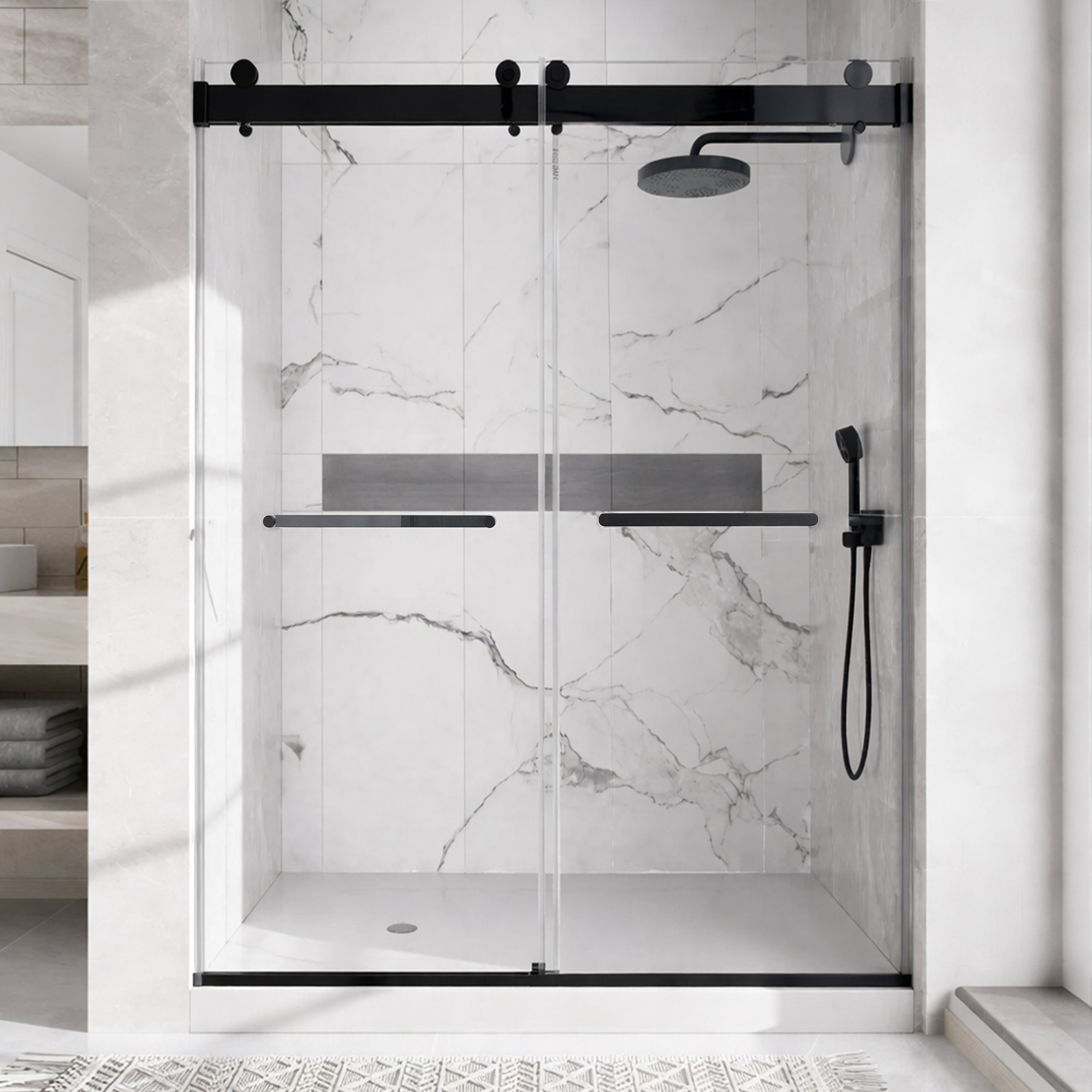 48 x 75 in Double Sliding Shower Door - 48 x 75 in / Matte Black / 5/16 in Glass view 2