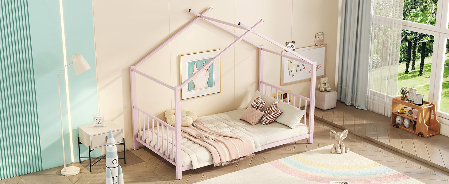 Twin Size Metal House Platform Bed, Pink