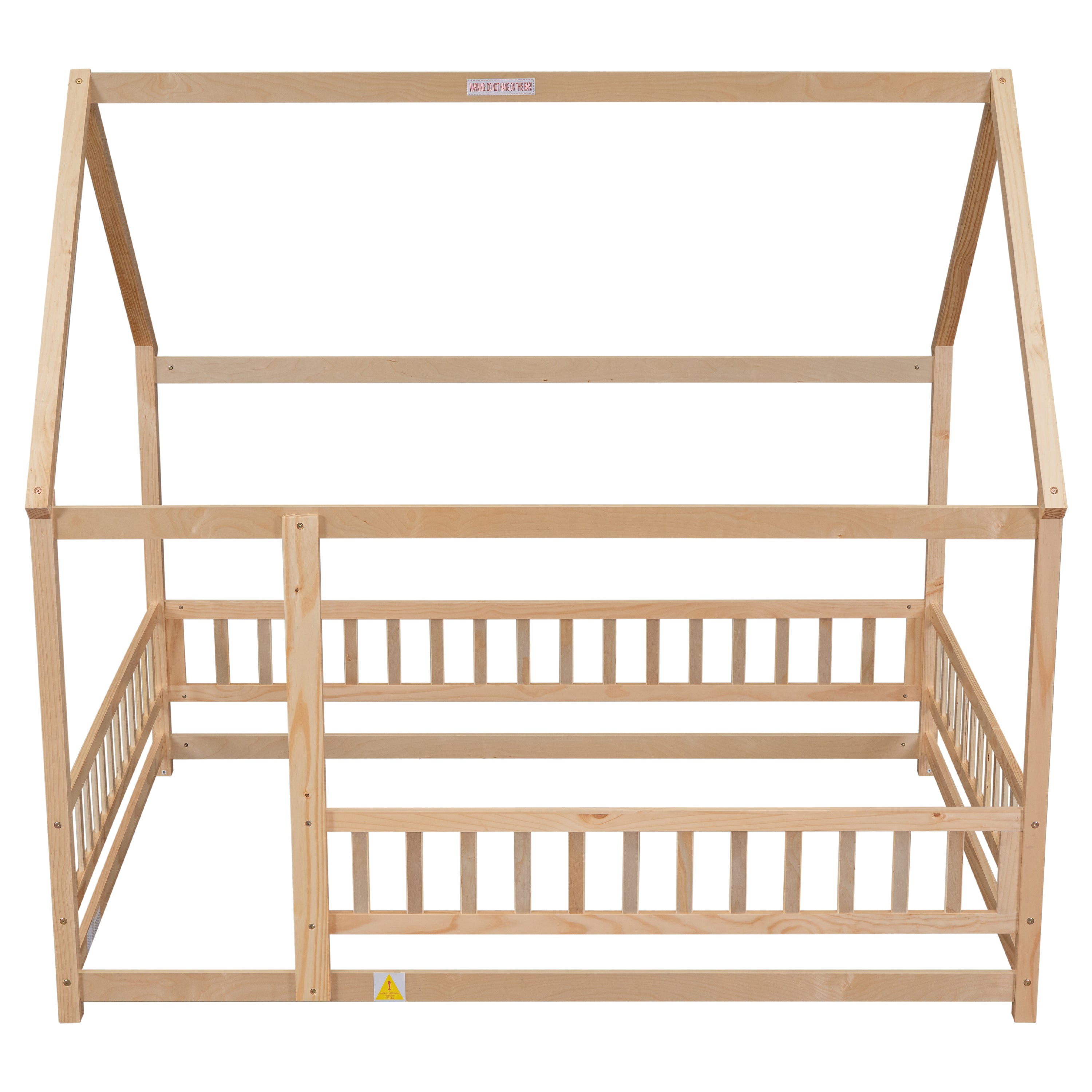 Full Size Floor Wooden Bed with House Roof Frame, Fence Guardrails ,Nartural(Old SKU:W504105242)