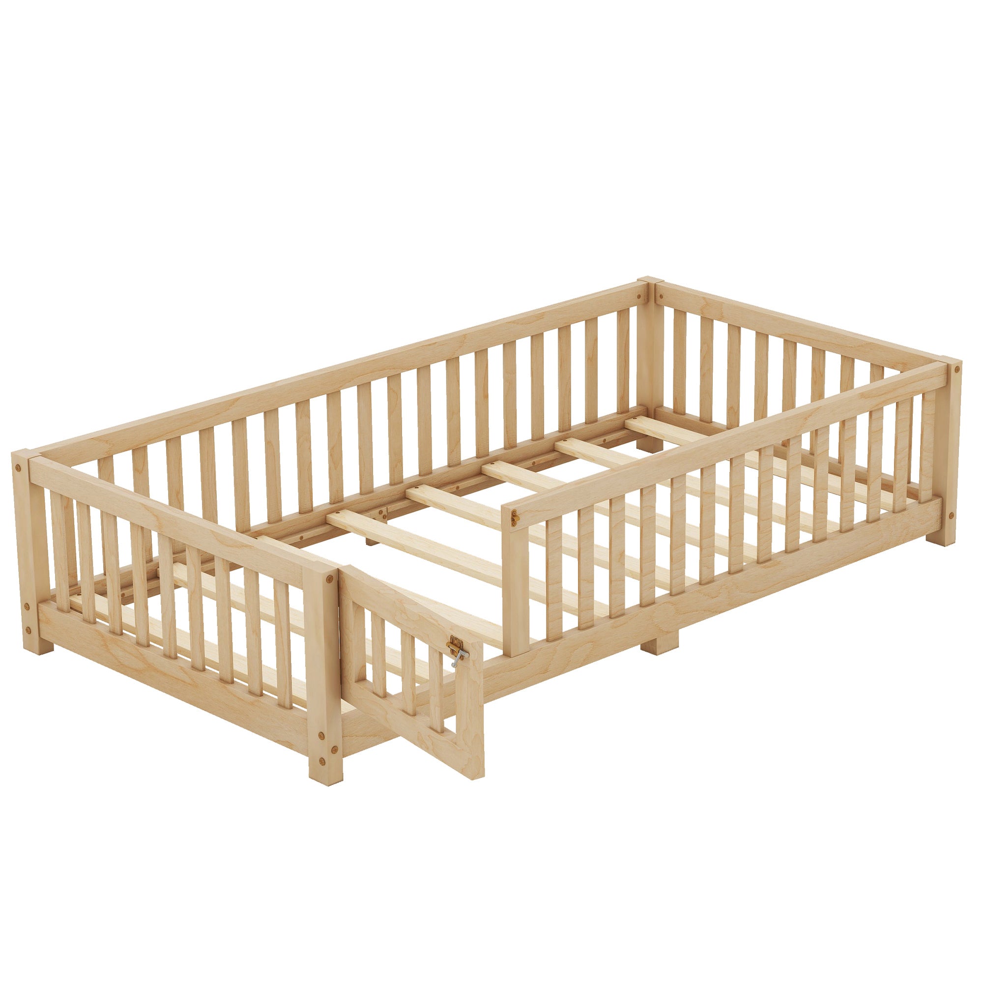 Twin Size Bed Floor Bed with Safety Guardrails and Door for Kids, Natural(Old SKU: W158090686)