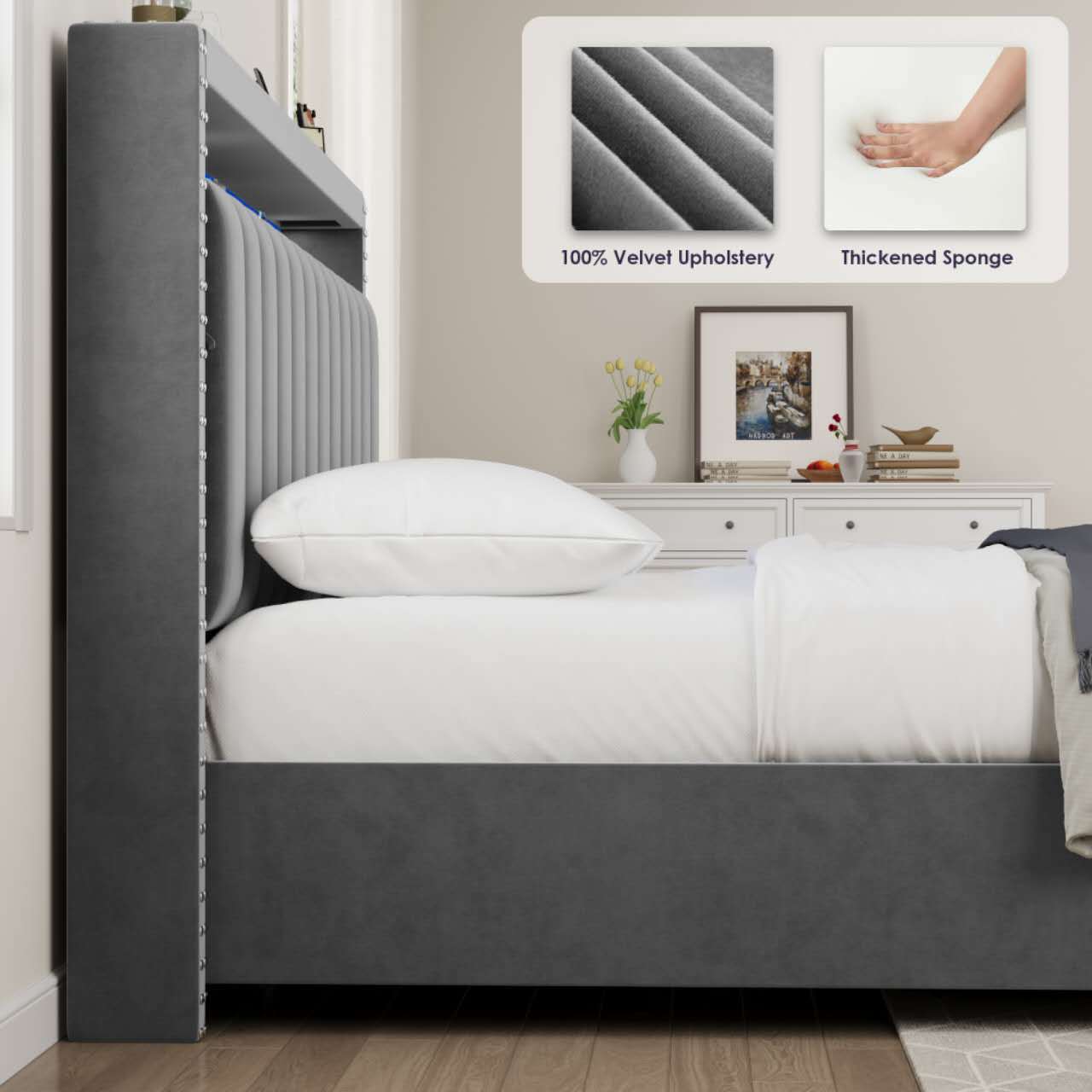 Luxury Gas Lift Storage Bed with RF LED Lights, Storage Headboard ,QUEEN Size ,Velvet Grey