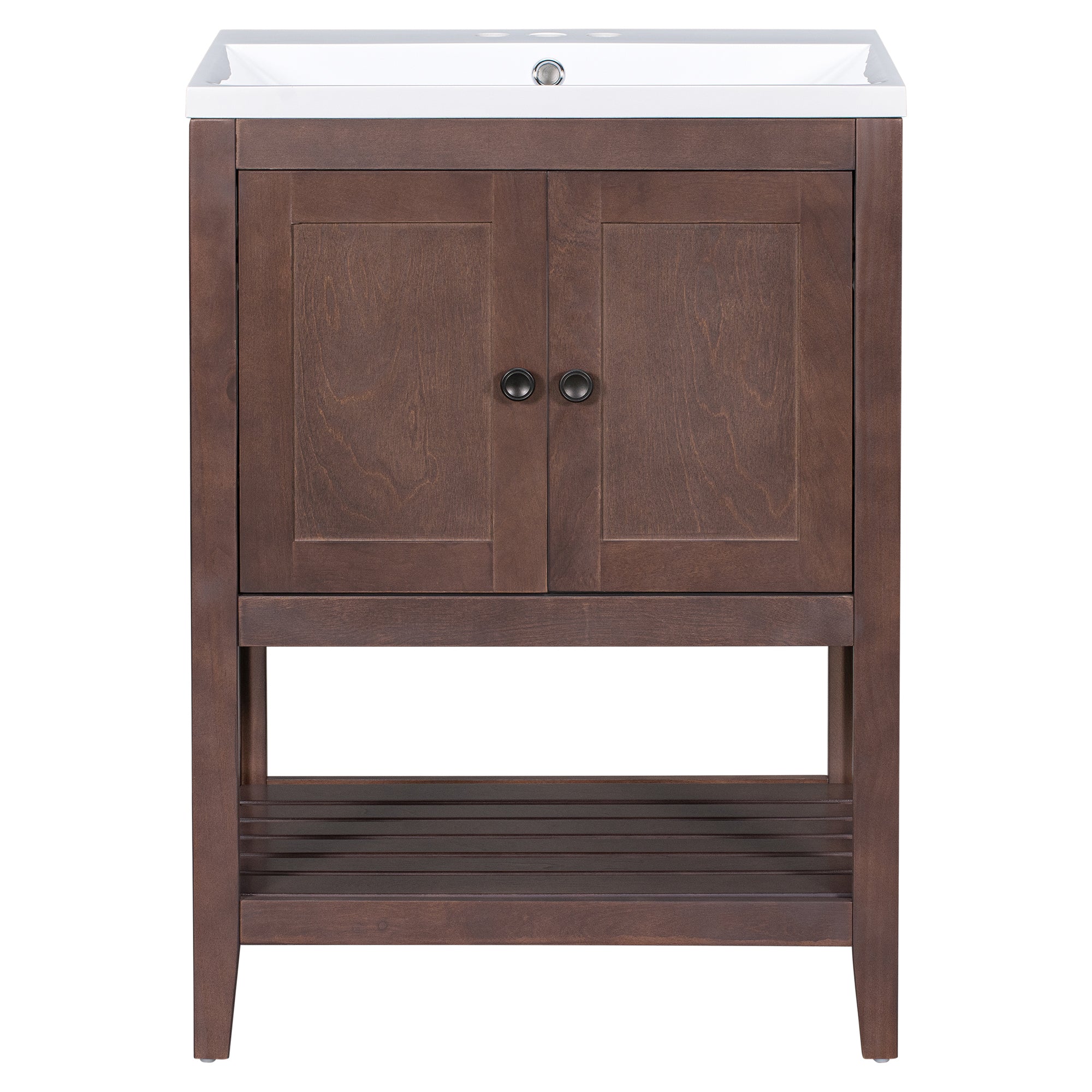 [VIDEO] 24" Brown Modern Sleek Bathroom Vanity Elegant Ceramic Sink with Solid Wood Frame Open Style Shelf (OLD SKU: JL000004AAD)