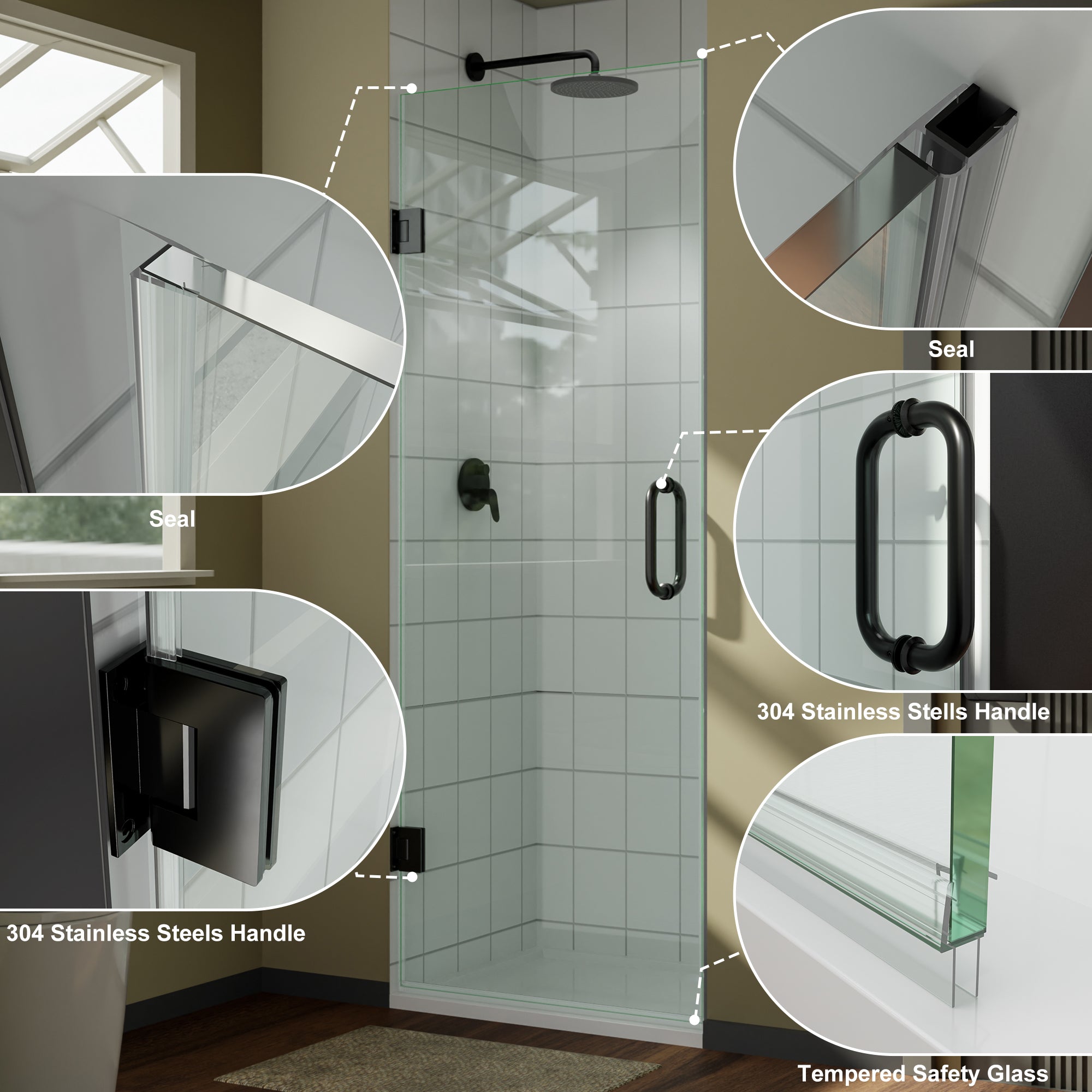 Frameless shower door 28x72 matte black glass panel view