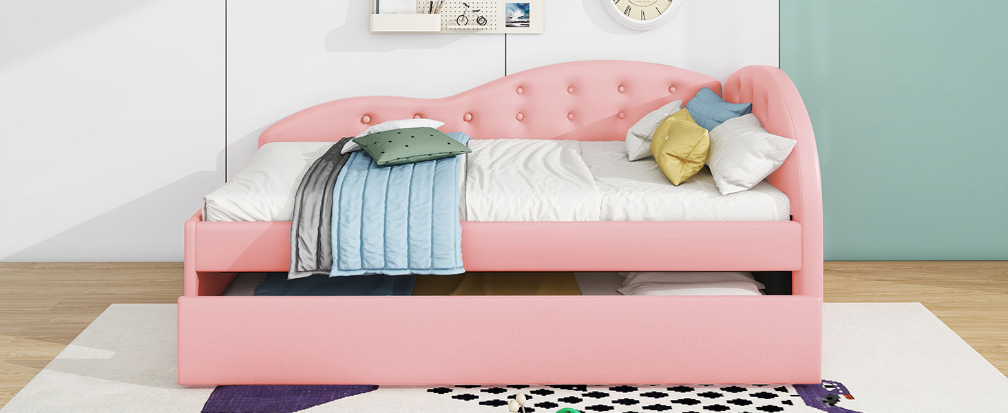 Twin Size PU Upholstered Tufted Daybed with Trundle and Cloud Shaped Guardrail, Pink