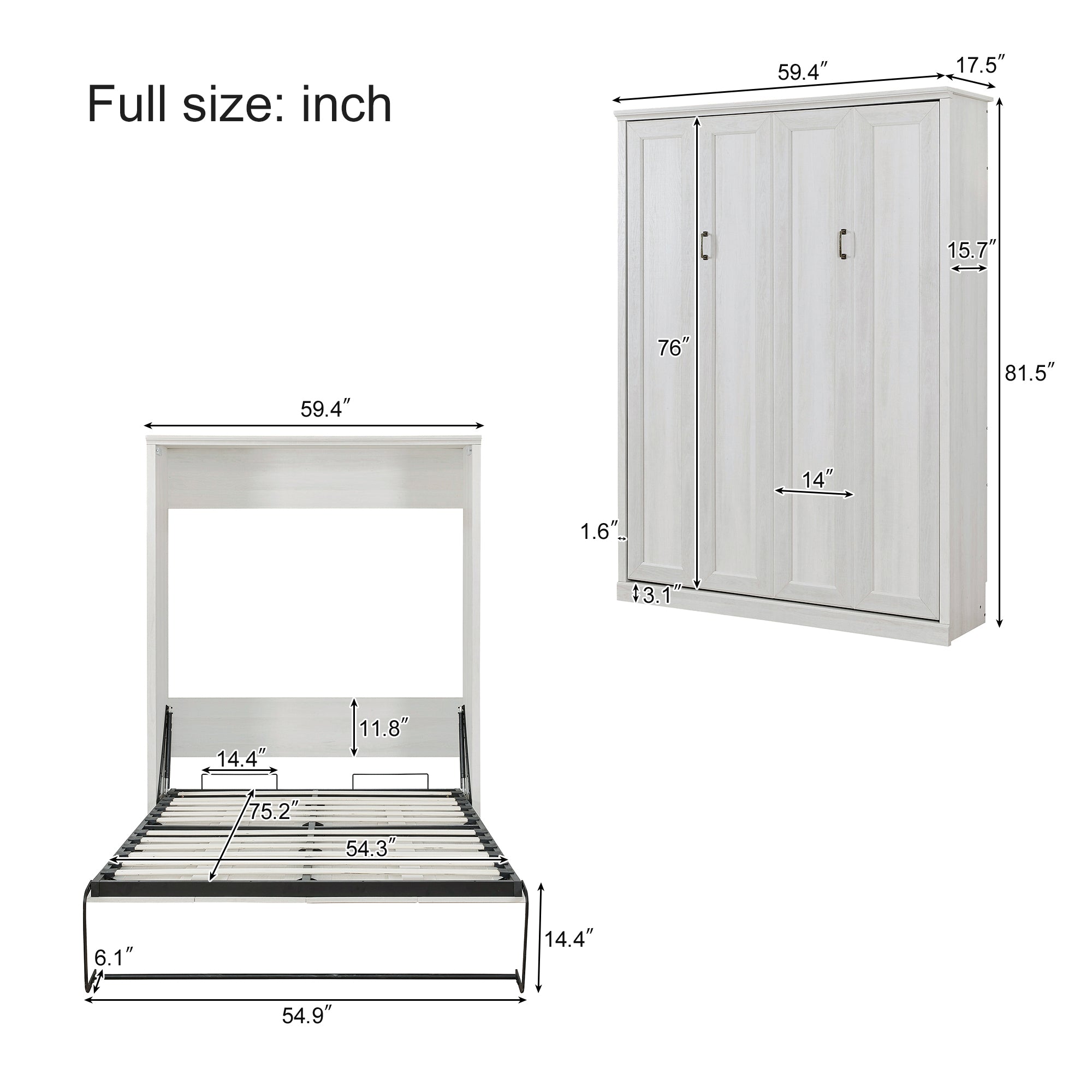 Full Size Half Self-Close and Open Murphy Bed Cabinet Space-Saving Bed  Perfect for Guest Room, for Bed Room, Guest Room, Home Office, Rustic White