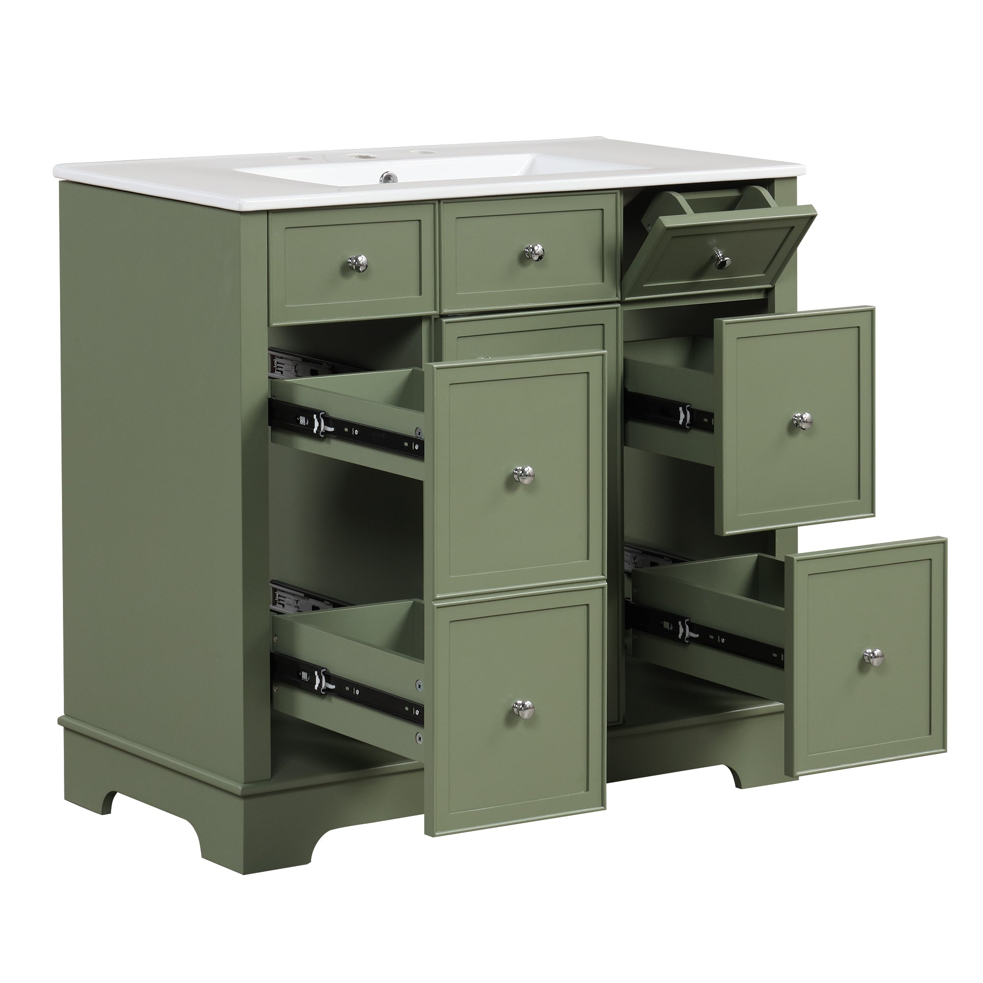 36" Bathroom Vanity with Sink, One Cabinet with Three drawers and One Flip Drawer, Solid Wood and MDF Board, Green