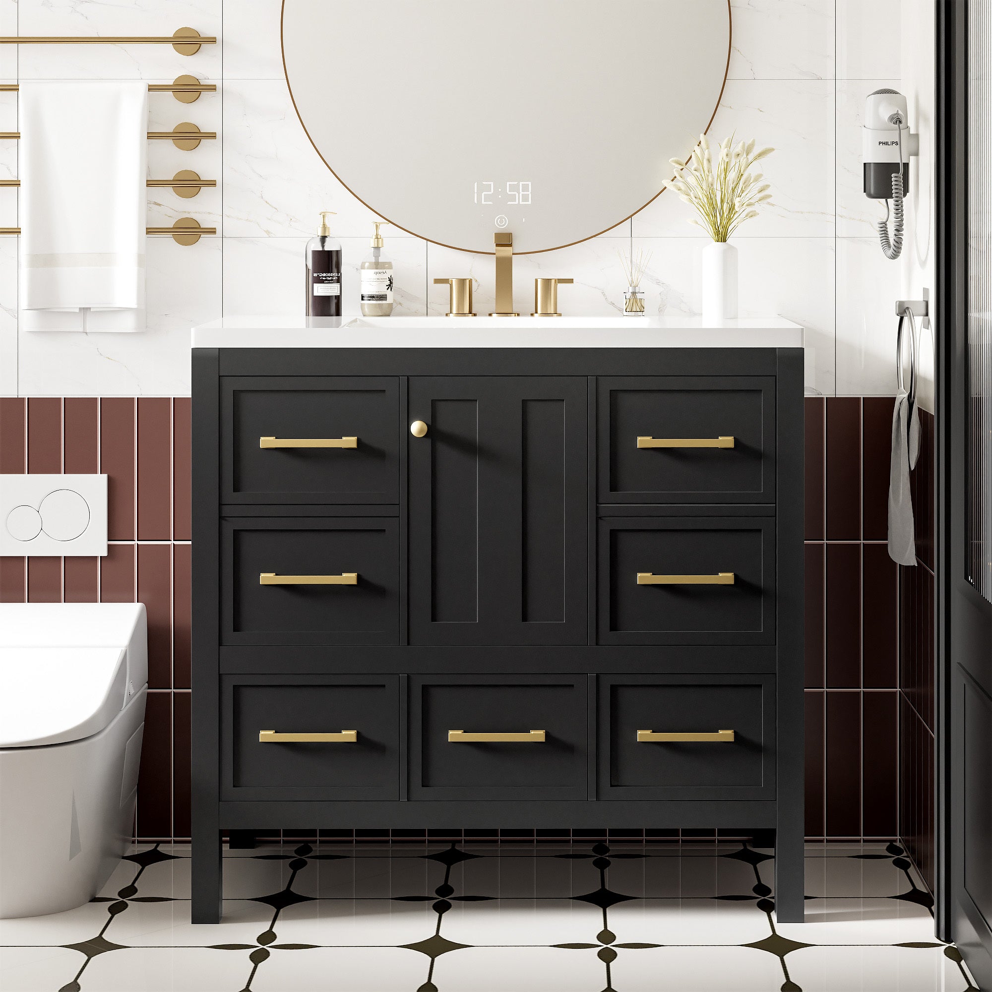 36'' Bathroom Vanity with Resin Sink Combo, Solid Wood Frame Bathroom Storage Cabinet, Freestanding Vanity Set with 5 Drawers& Soft Closing Doors (Same as N710S136002B )