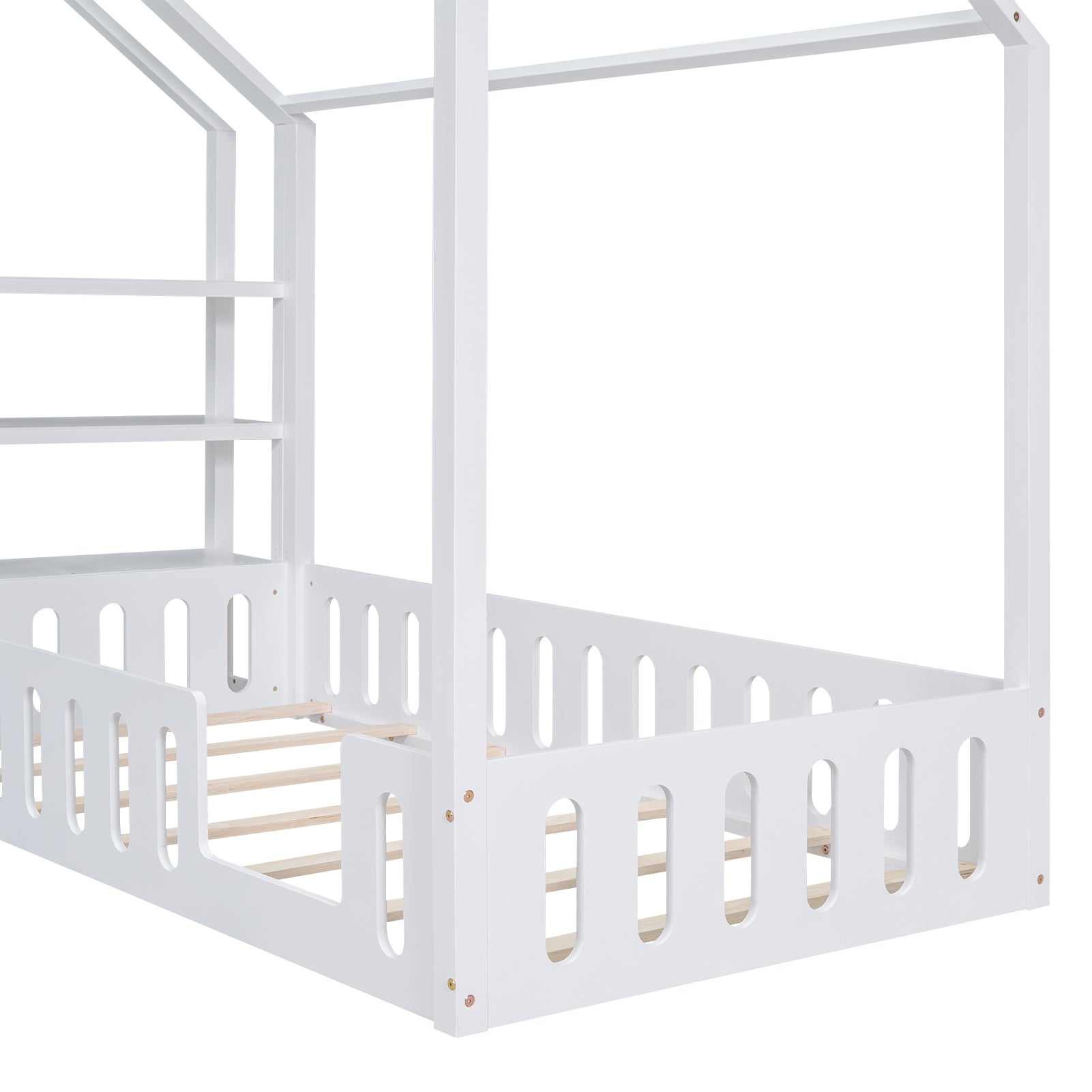 Twin Size Wood House Bed with Fence and Detachable Storage Shelves, White