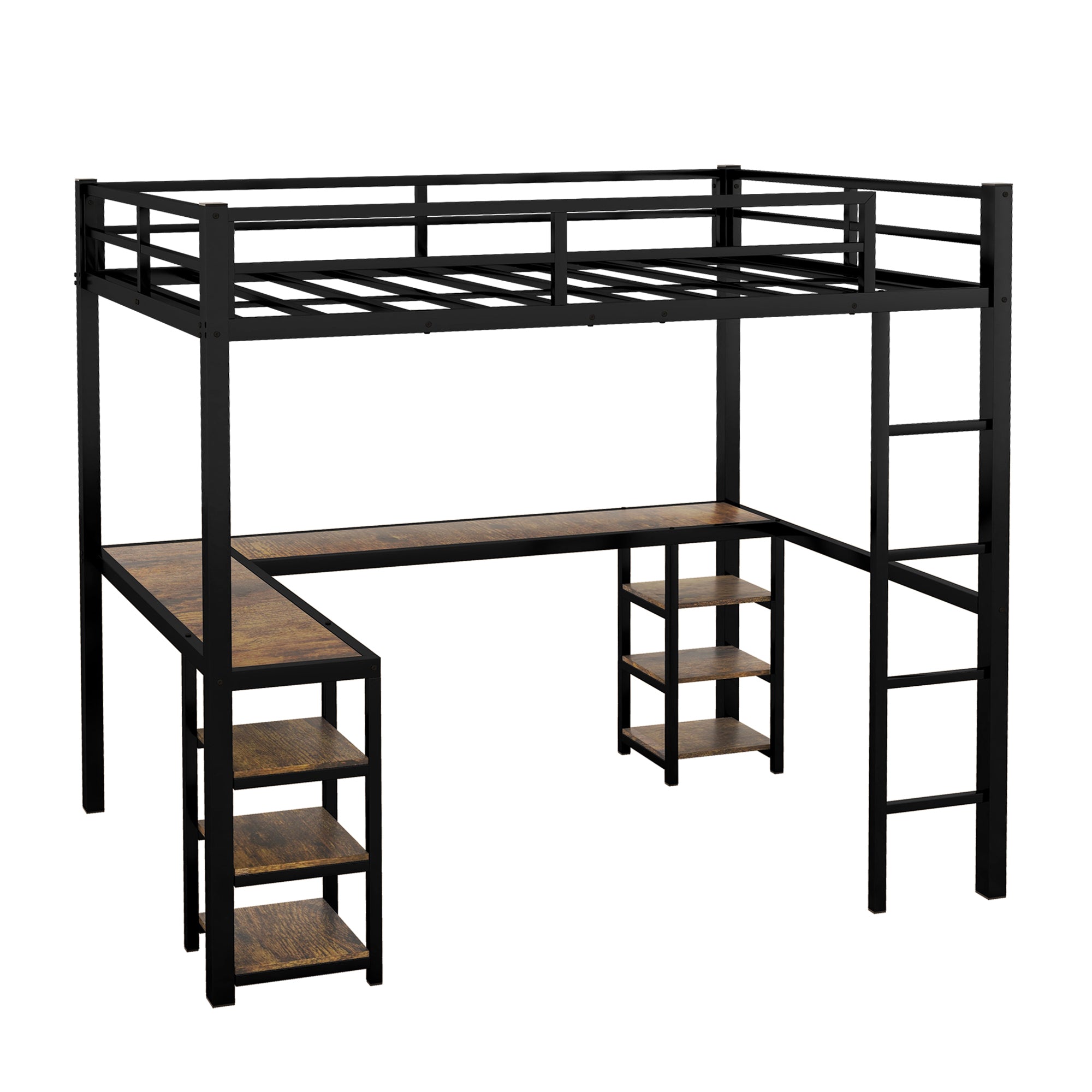 Full Metal Loft Bed with Desk and Shelves, Loft Bed with Ladder and Guardrails, Loft Bed Frame for Bedroom, Black with Vintage Wood-colored desk