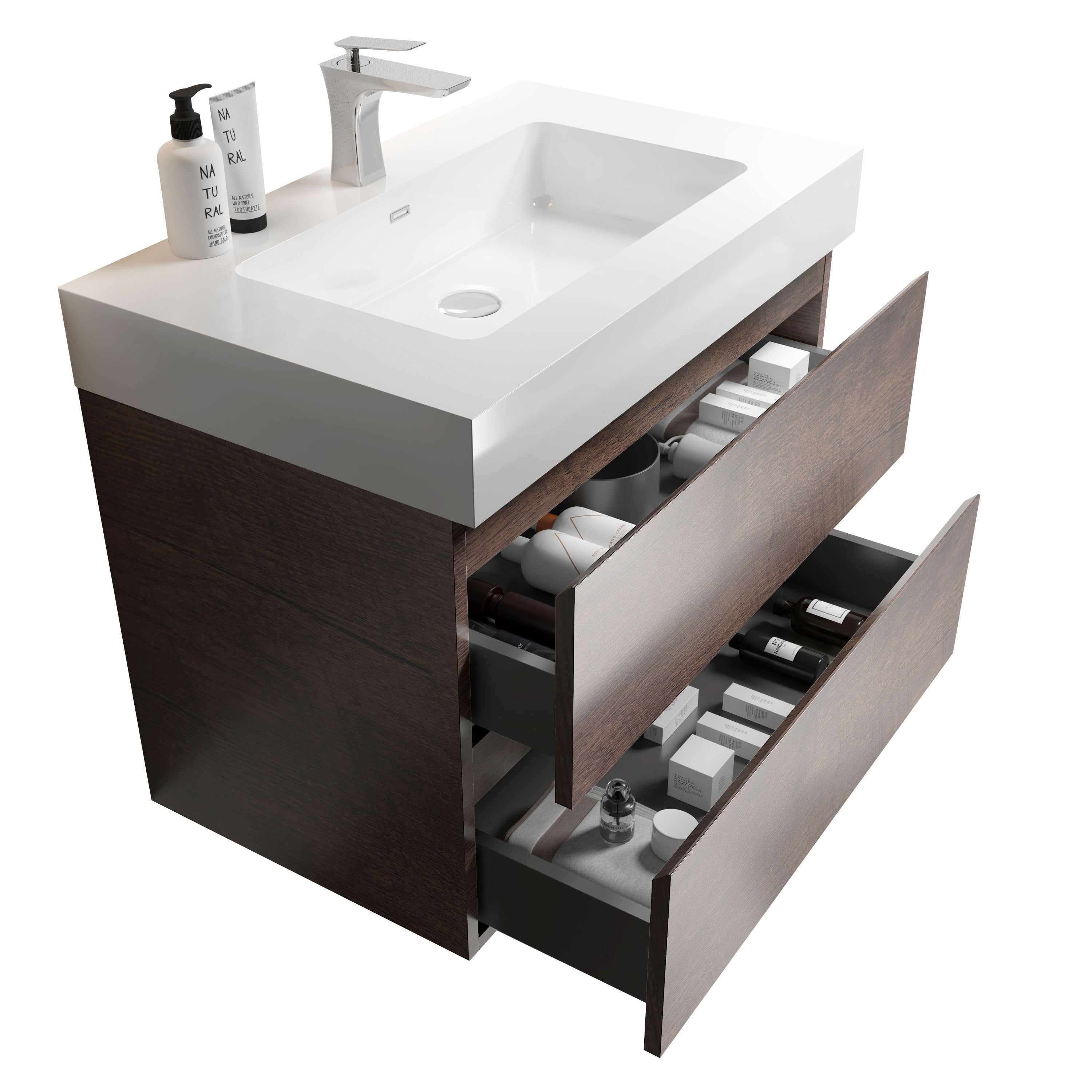 Alice 30" Walnut Bathroom Vanity with Sink, Large Storage Wall Mounted Floating Bathroom Vanity for Modern Bathroom, One-Piece White Sink Basin without Drain and Faucet, Pre-assembled