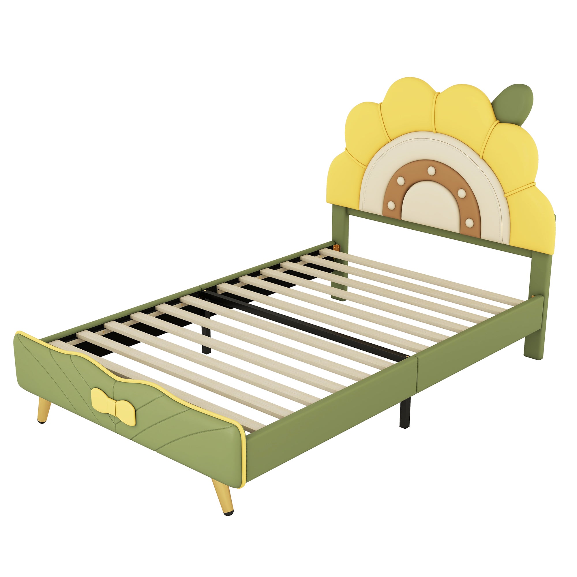 Twin Size Upholstered Platform Bed with Sunflower Shaped Headboard, Green