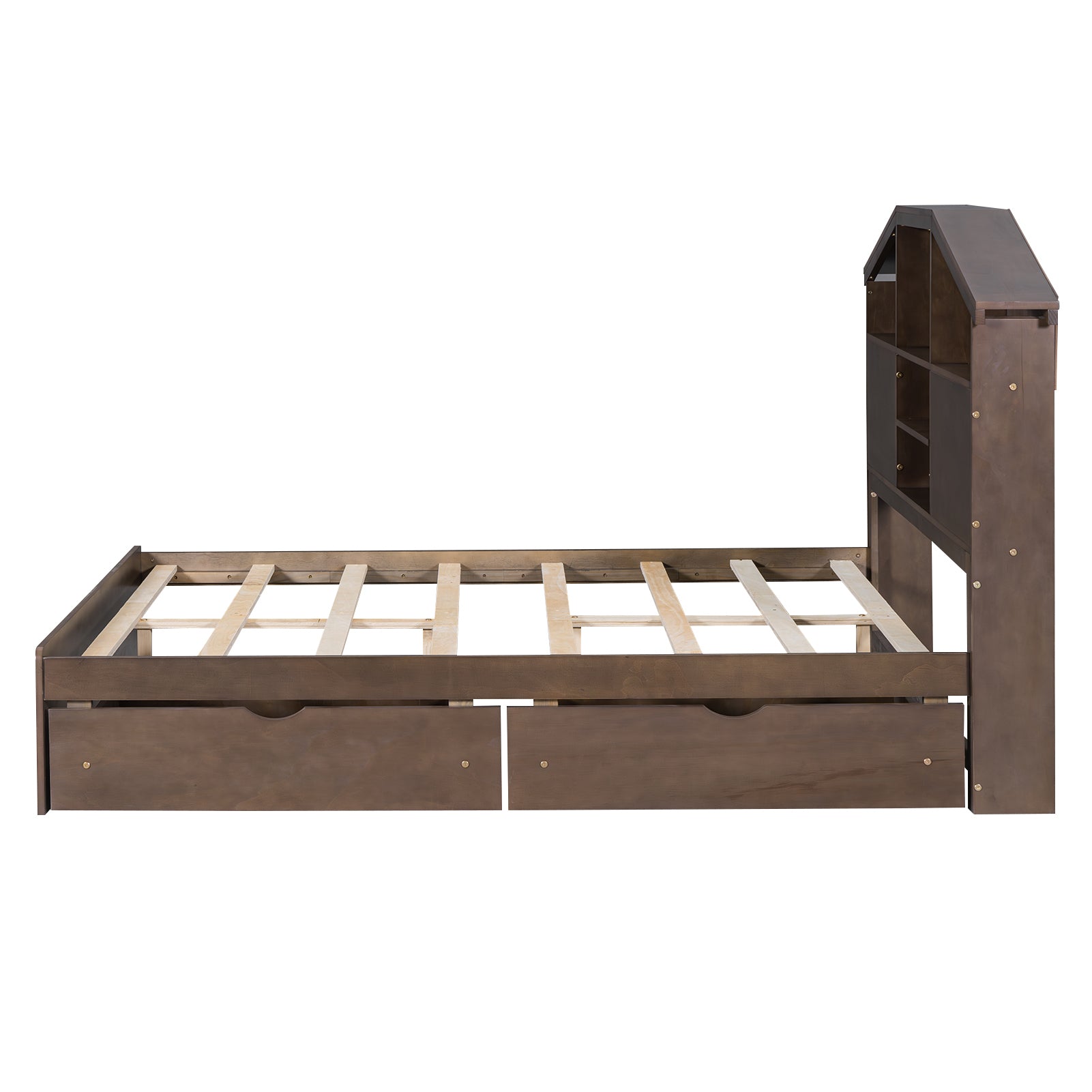 Full Size Wood Platform Bed with House-shaped Storage Headboard and 2 Drawers, Walnut