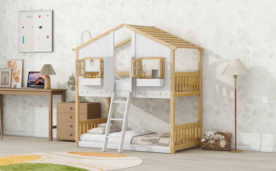 Twin over Twin House Bunk Bed with Roof , Window, Window  Box, Door , with Safety Guardrails and Ladder, Natural/White