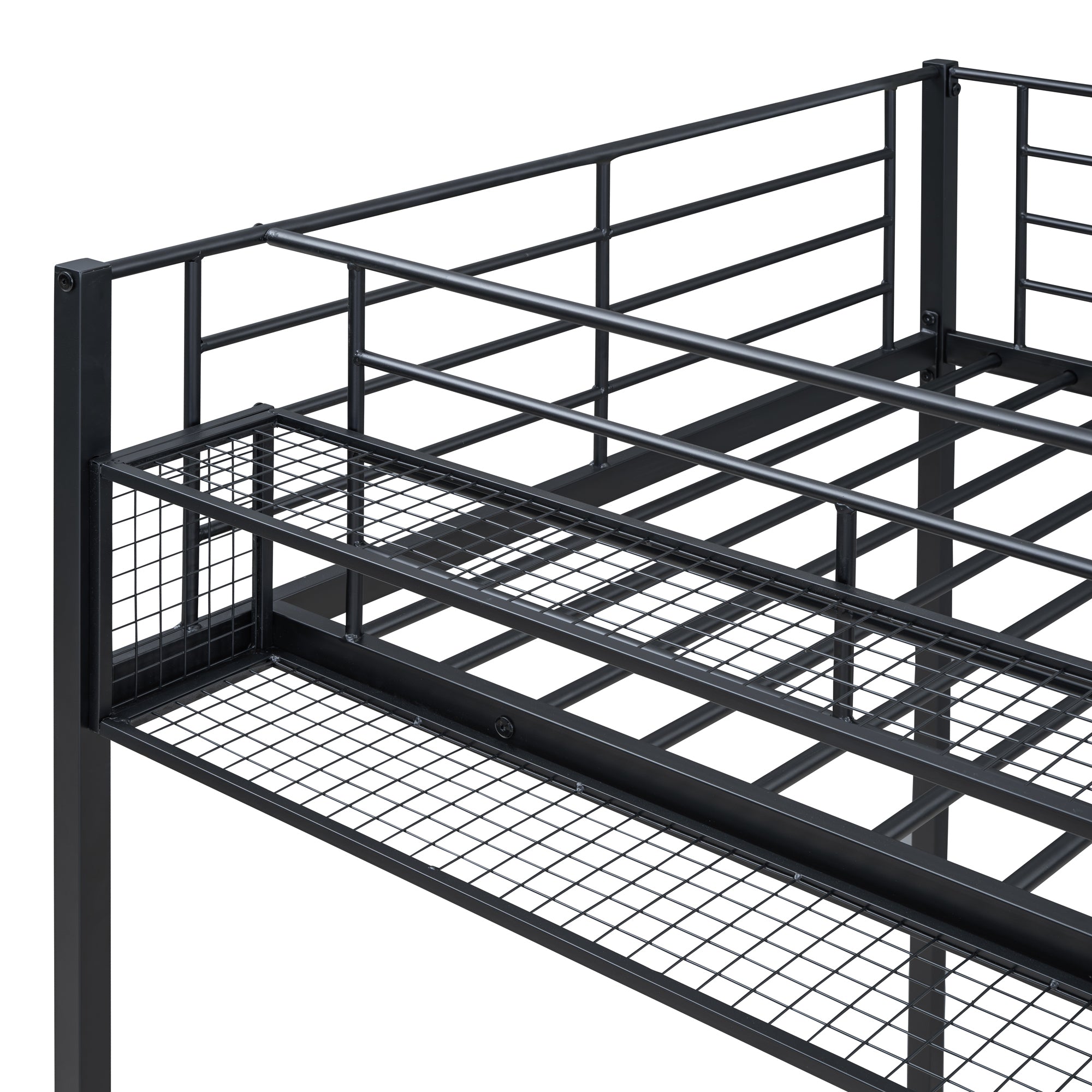 Twin Size Metal Loft Bed with Upper Grid Storage Shelf and Lateral Storage Ladder, Black