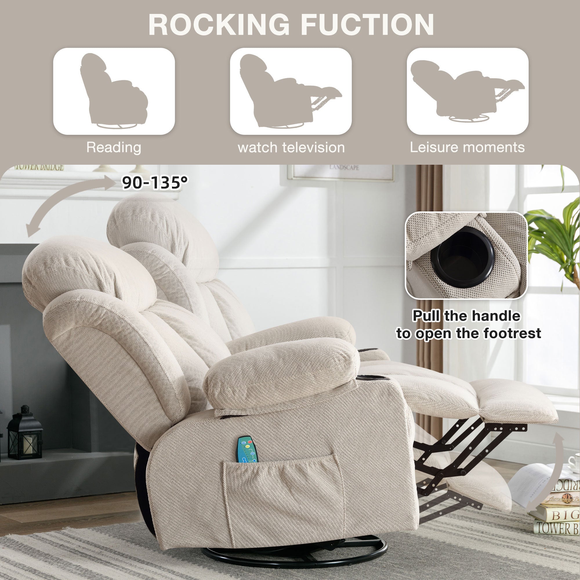 Swinging recliner massage heated sofa, with USB and 2 cup holders in side pockets, PackageA+B (BEIGE )