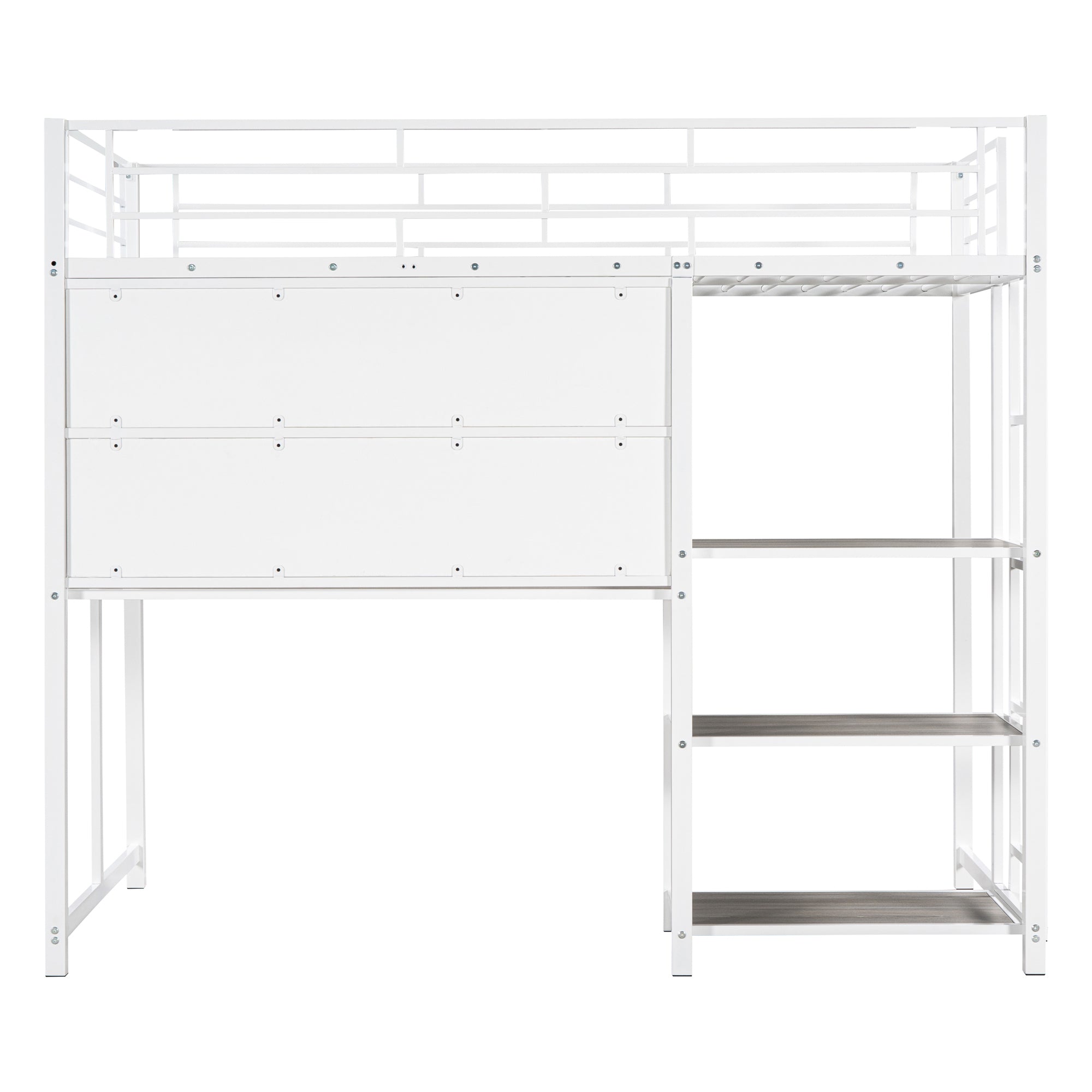 Twin Size Loft Bed with Desk and Whiteboard, Metal Loft Bed with 3 Shelves and Ladder, White