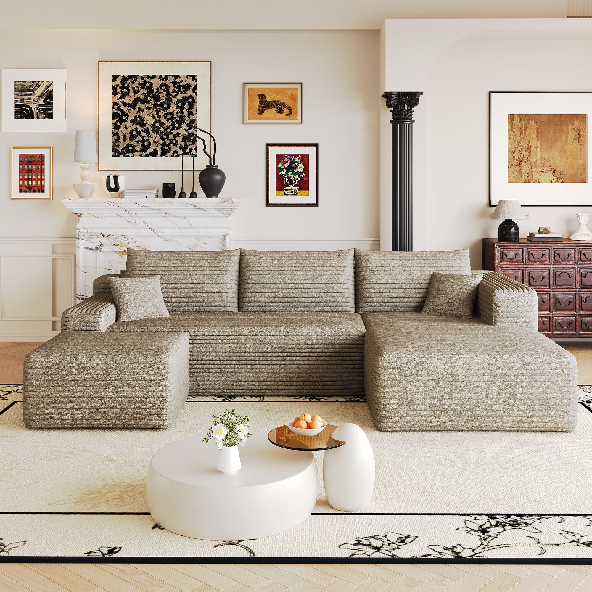 Camel corduroy sectional sofa living room styled view
