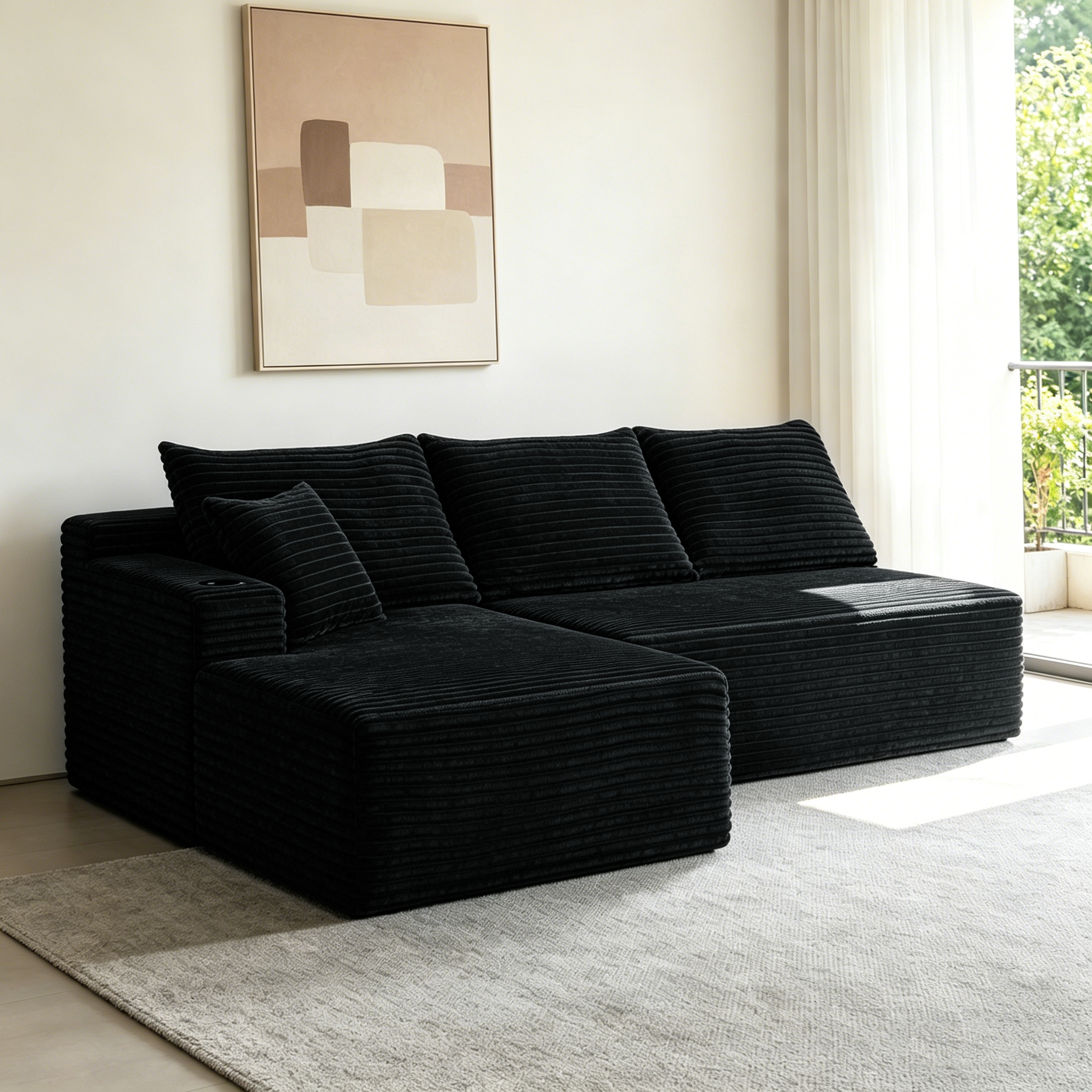 Black modular sectional sofa 96 inch L-shape chaise front view