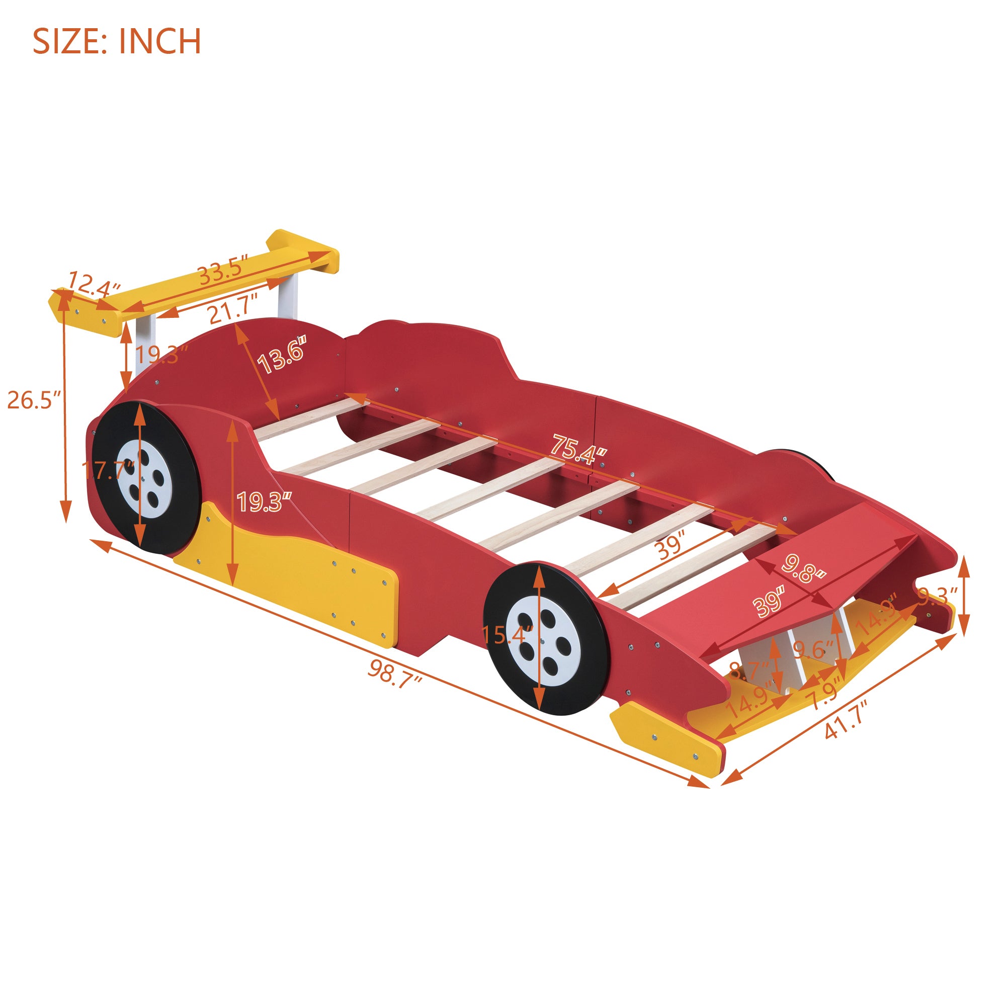 Twin Size Race Car-Shaped Platform Bed with Wheels,Red