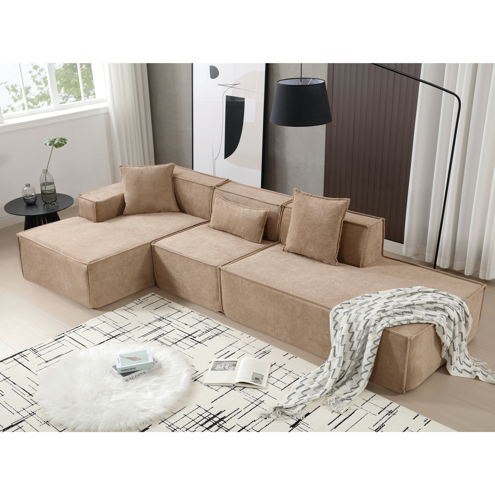 [VIDEO PROVIDED] Modular combination living room sofa set, modern minimalist sofa, free installation sofa, L-shaped, Italian minimalist tofu block sofa, Left-Hand Facing,Terrycloth fabric, Light Brown