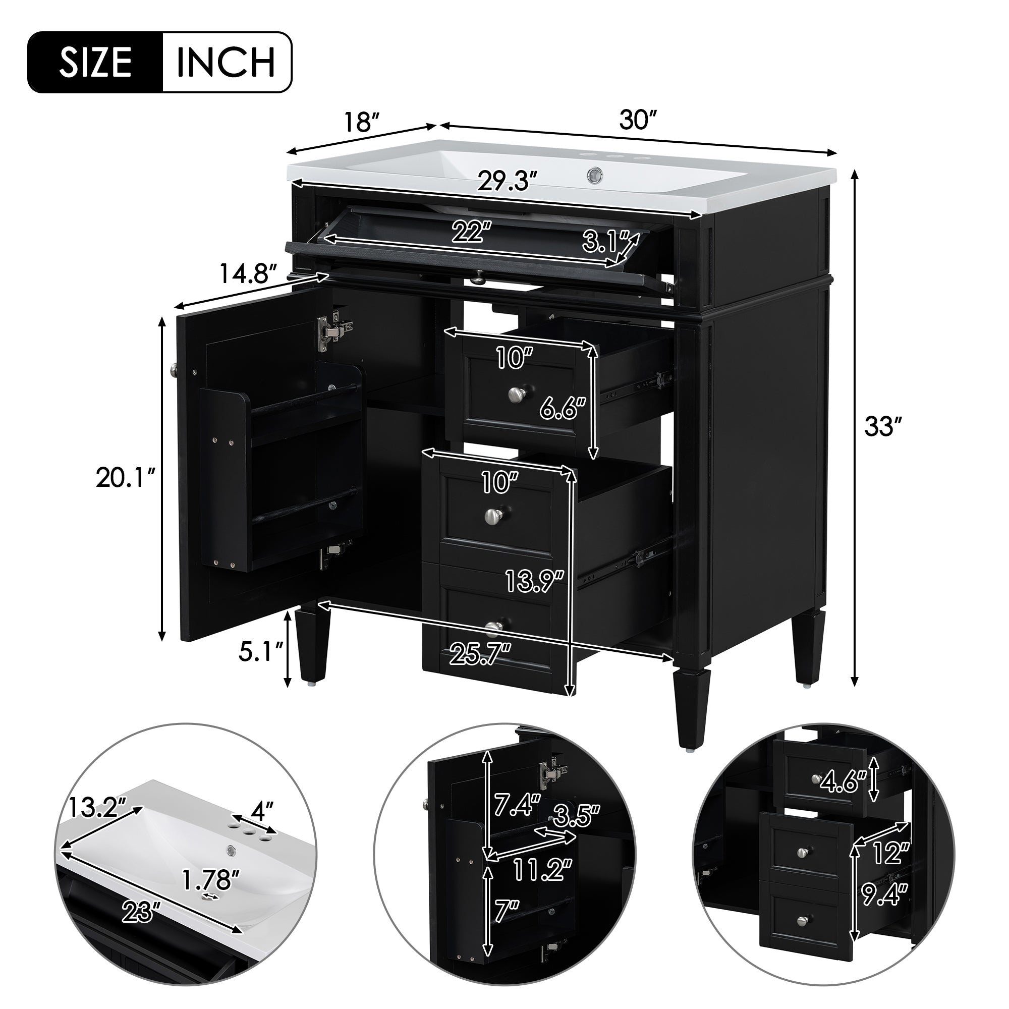 30'' Bathroom Vanity with Top Sink, Modern Bathroom Storage Cabinet with 2 Drawers and a Tip-out Drawer, Single Sink Bathroom Vanity