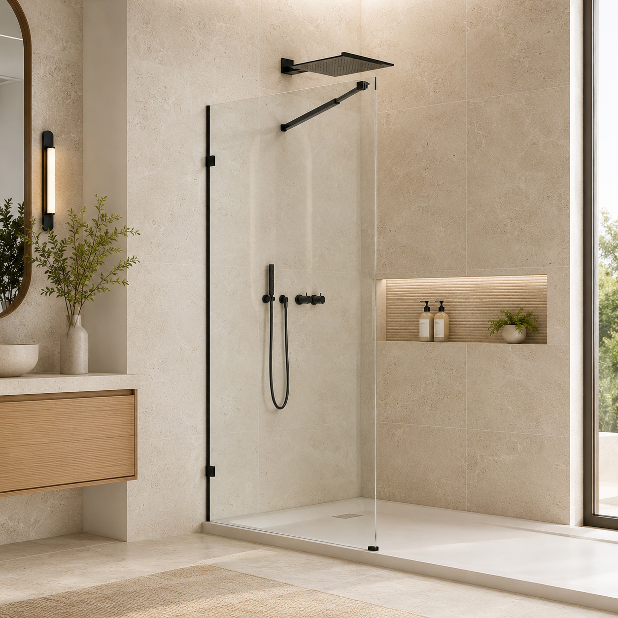 Frameless fixed shower panel 36 x 76 in matte black front view