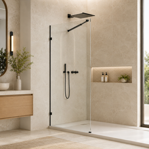 Frameless fixed shower panel 36 x 76 in matte black front view