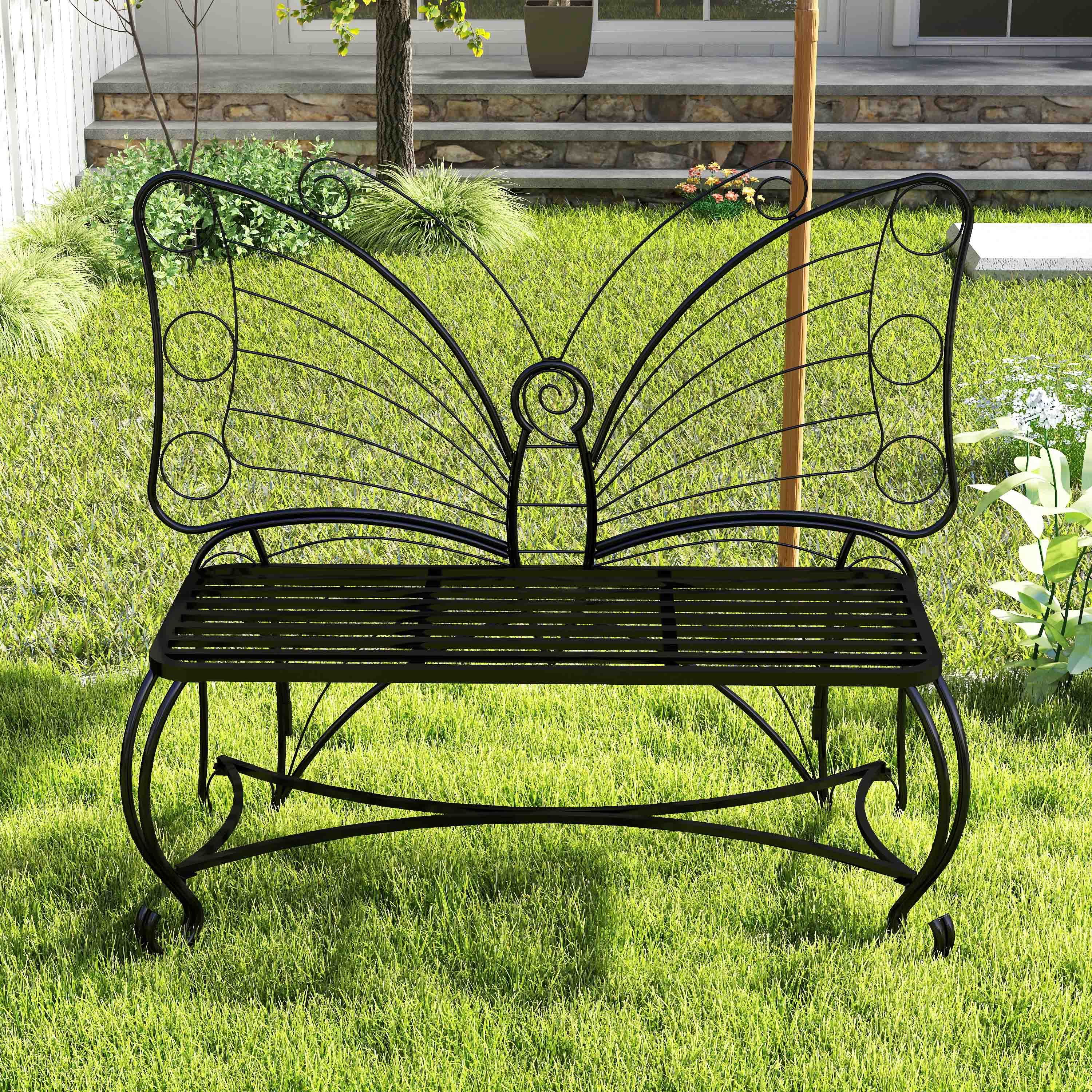 Butterfly Cast Metal Garden Bench, Outdoor Bench Patio Seat, Park Bench Outdoor Seating for Garden, Yard, Park, Entryway