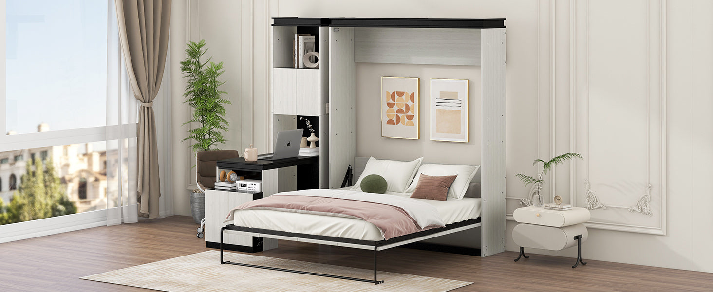 Full Size Murphy Bed with Desk and Storage Shelves and  Cabinets, Black+White