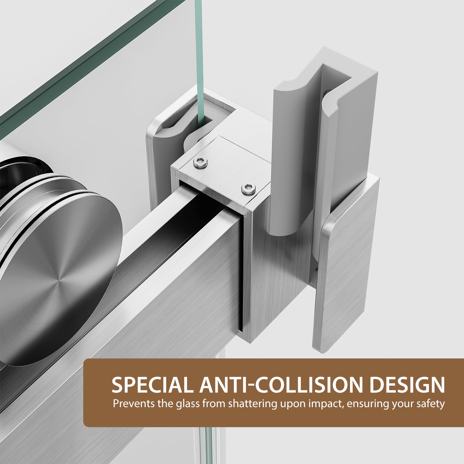 Frameless double sliding shower door 50-54 inch brushed nickel handle detail view