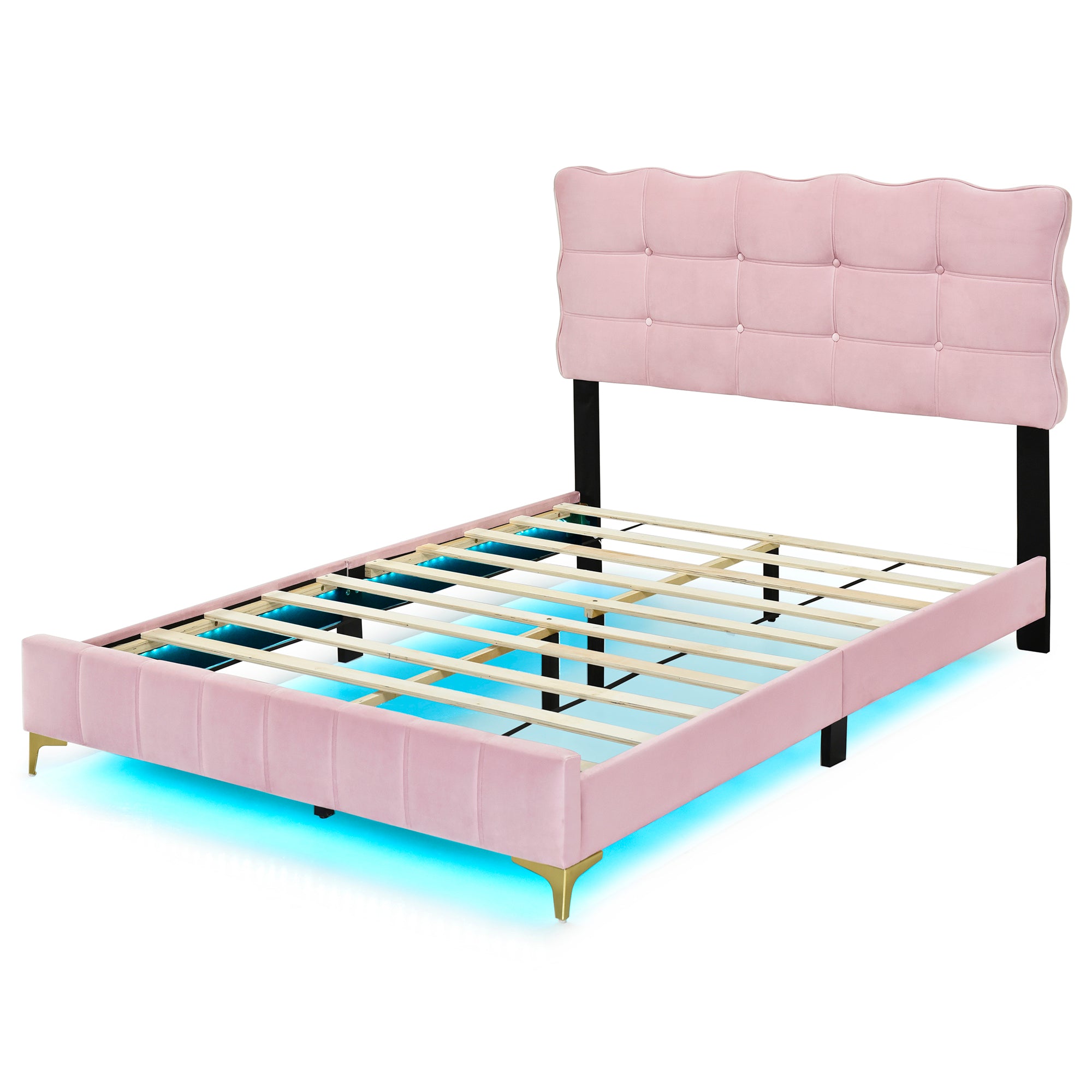 Full Size Velvet Platform Bed with LED Frame and Stylish Mental Bed Legs, Pink