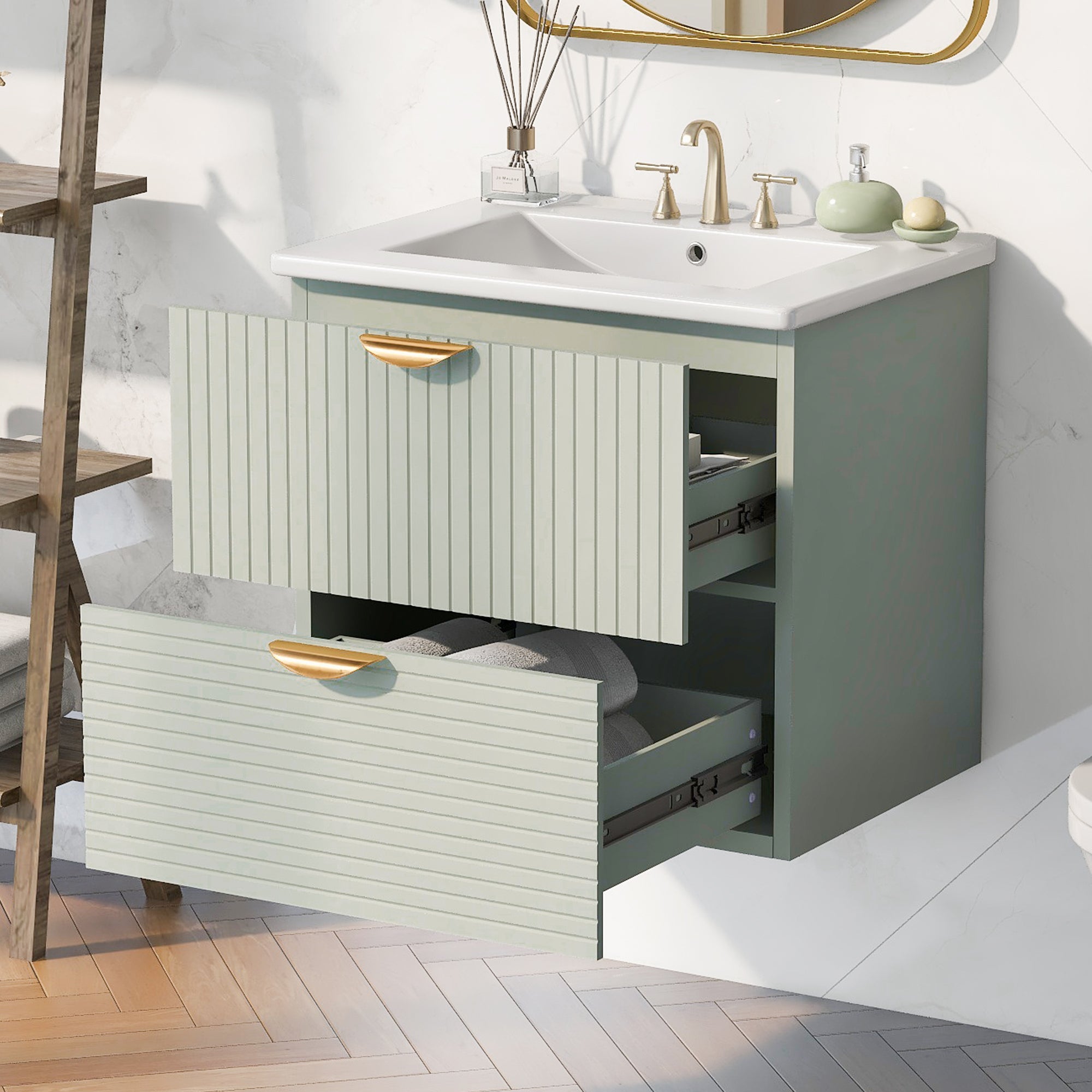 Modern 24-Inch Wall-Mounted Bathroom vanity with 2 Drawers, Green - Ideal for Small Bathrooms