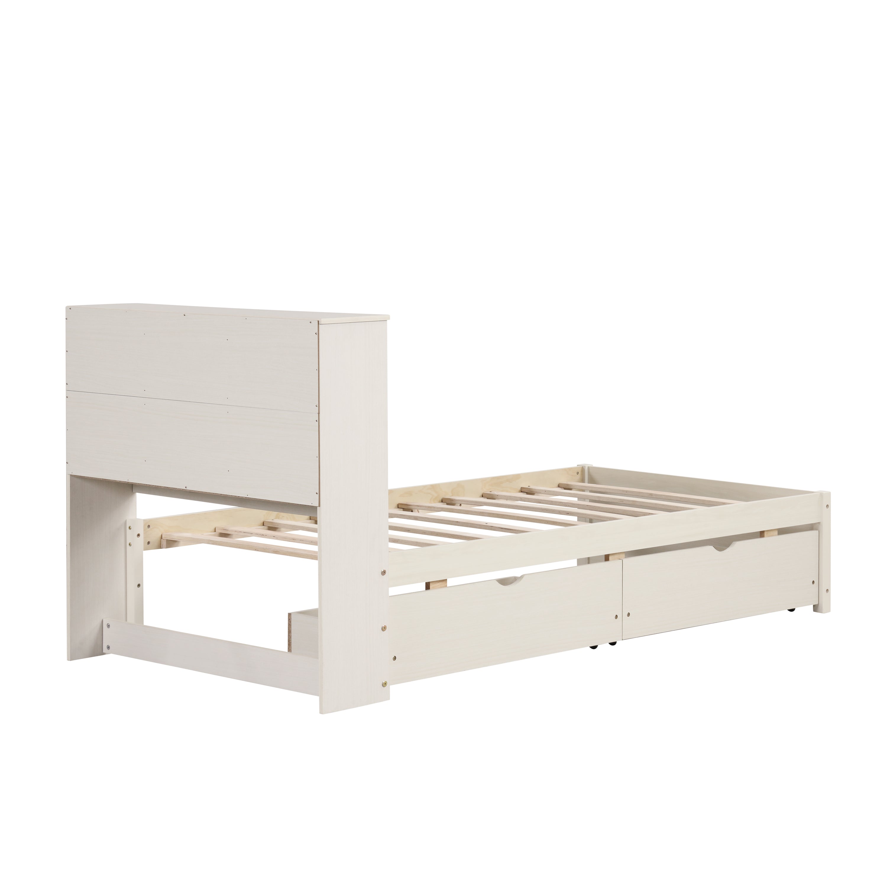 Modern Twin Size Bed Frame With Built-in USB Port on Bookcase Headboard and 2 Drawers for White Washed Color