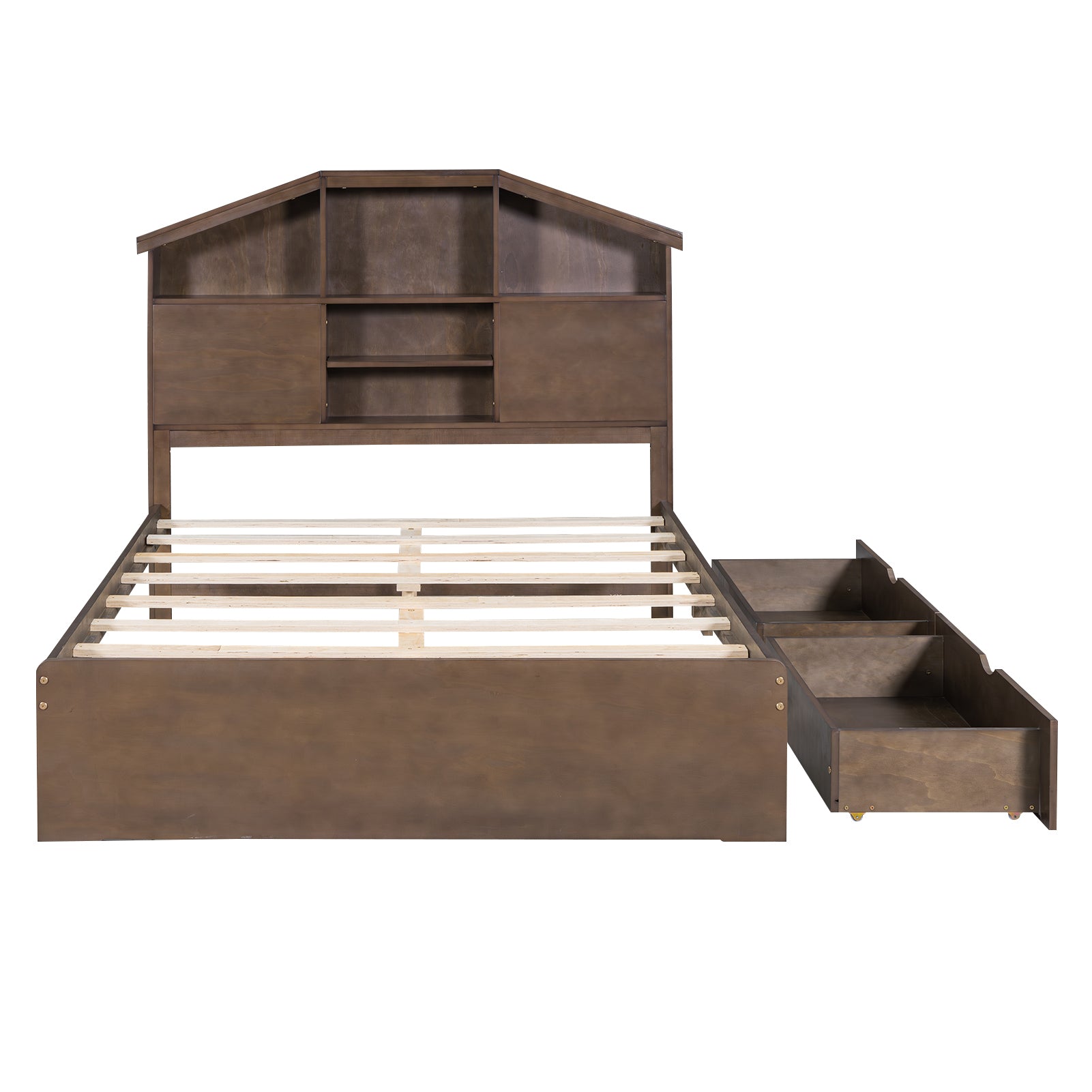 Full Size Wood Platform Bed with House-shaped Storage Headboard and 2 Drawers, Walnut