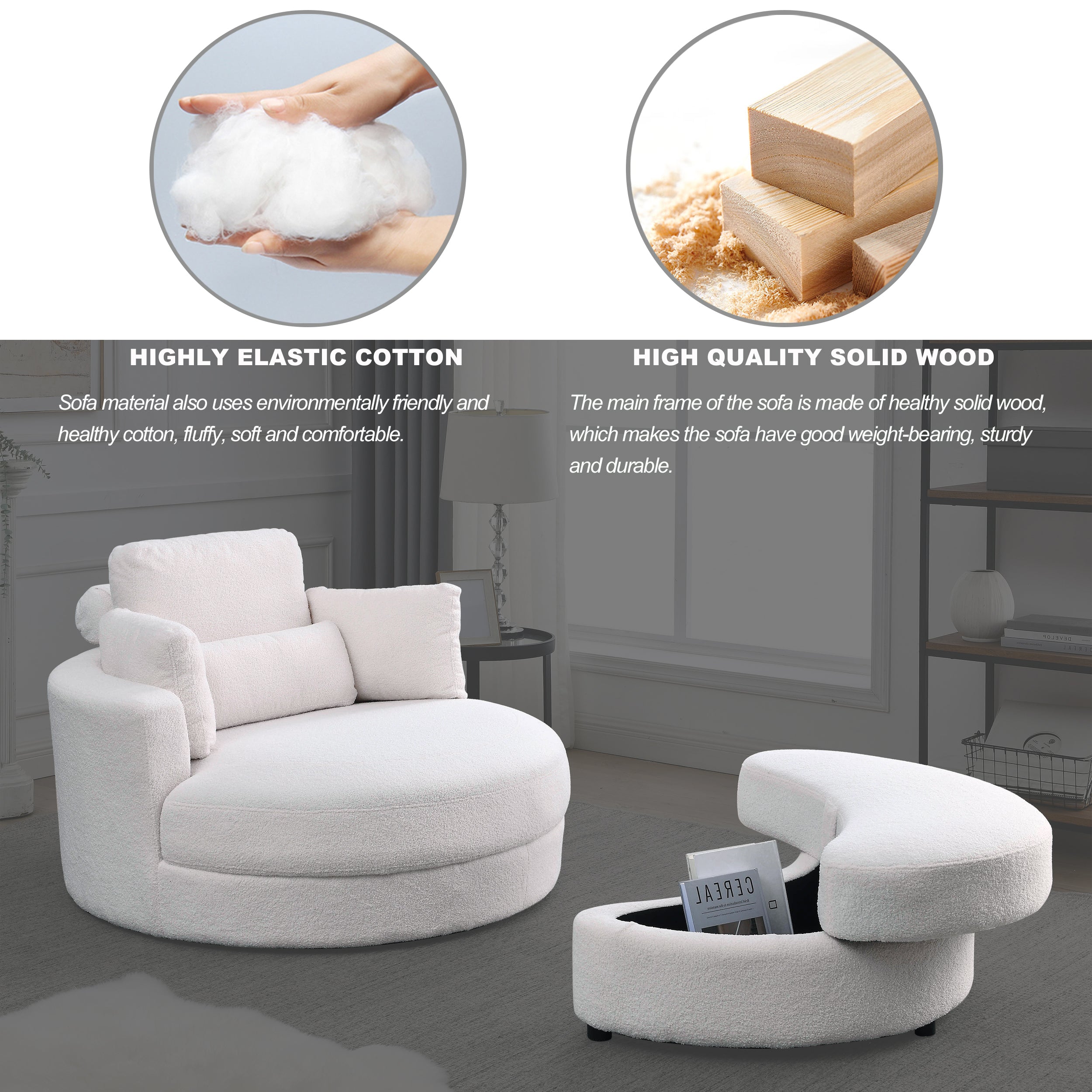 [Video] Welike Swivel Accent Barrel Modern Sofa Lounge Club Big Round Chair with Storage Ottoman Linen Fabric for Living Room Hotel with Pillows,Teddy White (Ivory)