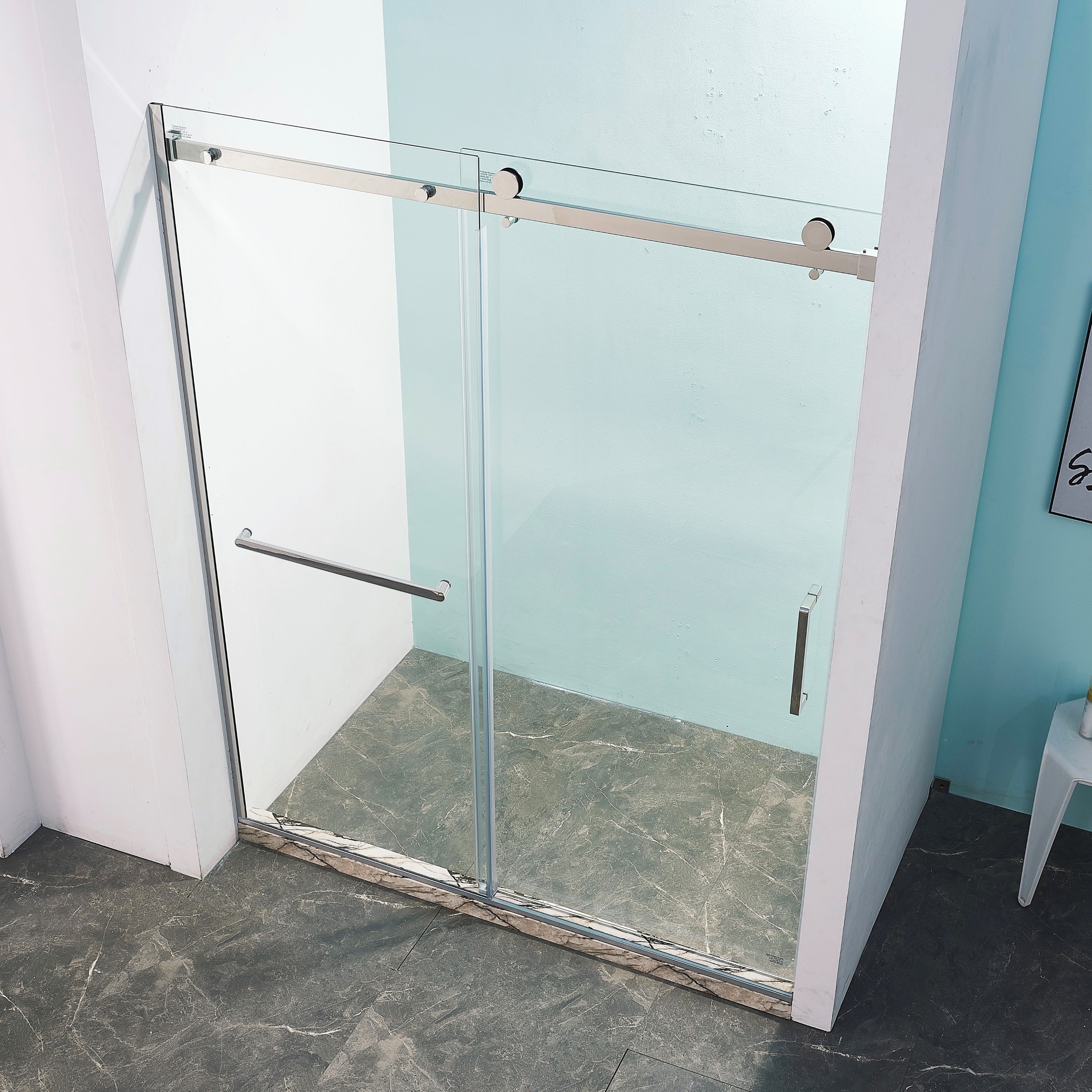 56-60"W x 75"H Semi-Frame Single Sliding Shower Door, 304 Stainless Steel in Brushed Nickel, 5/16" (8mm) Thick SGCC Tempered Clear Glass.