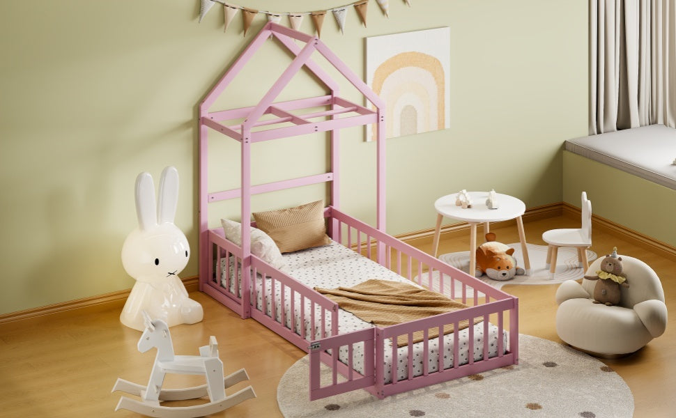 Wooden Floor Bed with Fence Railings and Detachable House Shape Headboard, Twin Size Bed with Kids Dress Up Rack, Kids Montessori Style Playhouse Frame for Girls Boys, Pink