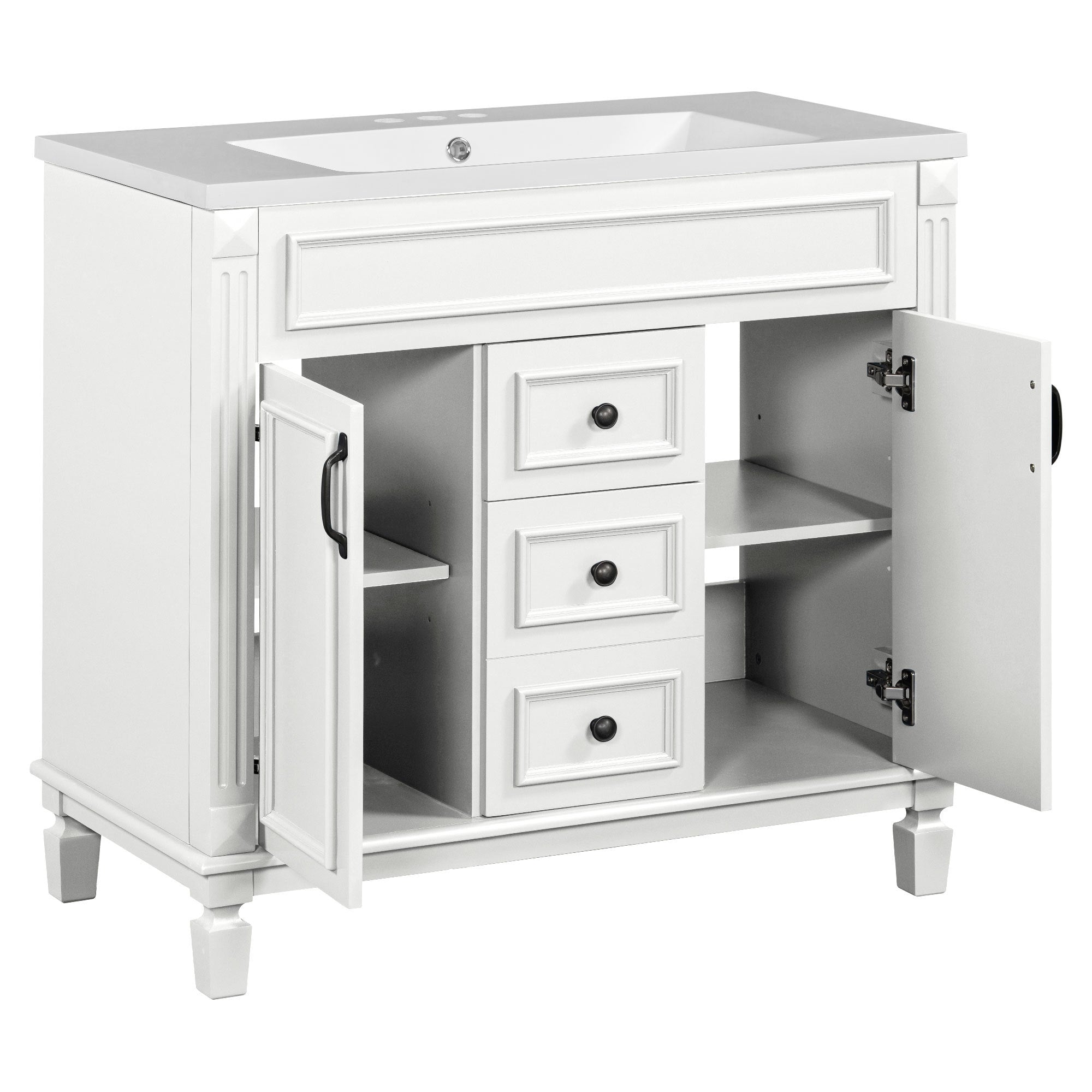 36'' Bathroom Vanity with Top Sink, White Mirror Cabinet, Modern Bathroom Storage Cabinet with 2 Soft Closing Doors and 2 Drawers, Single Sink Bathroom Vanity