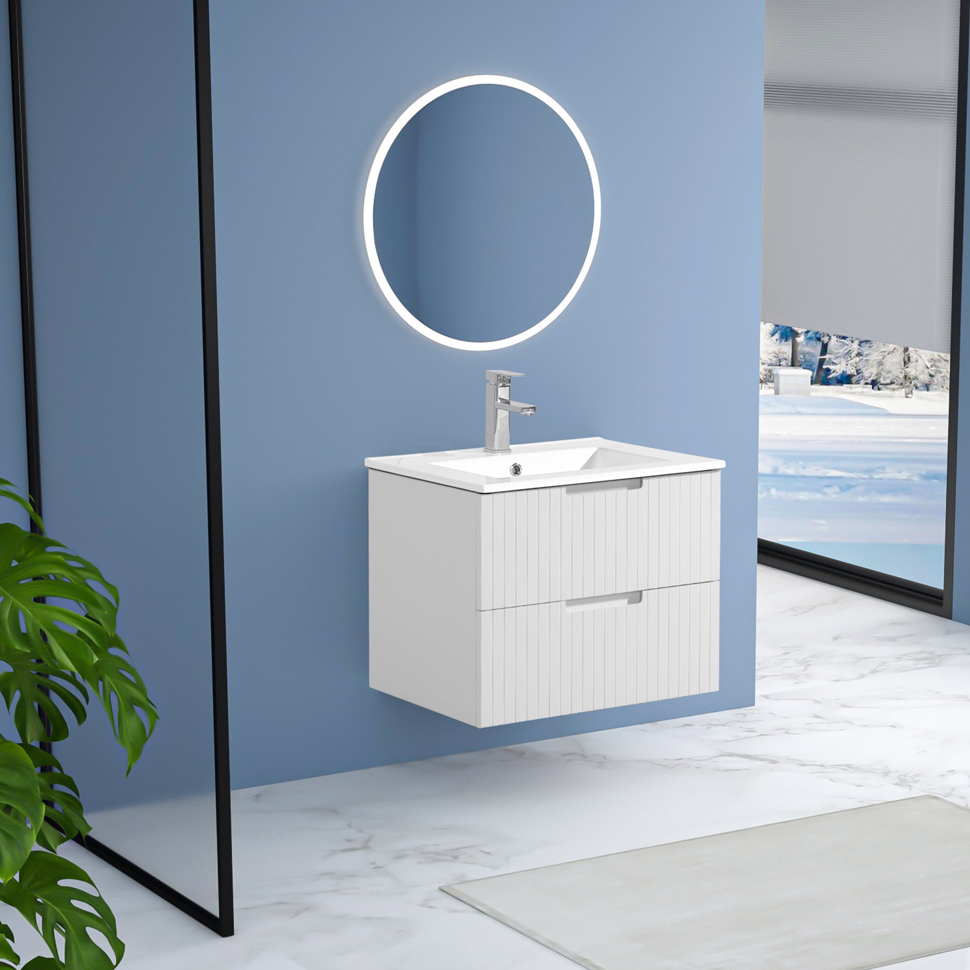 24 Inch Floating Bathroom Vanity with Ceramic Sink, Modern Bath Storage Cabinet Vanity with Drawers Wall Mounted Combo Set for Bathroom, White