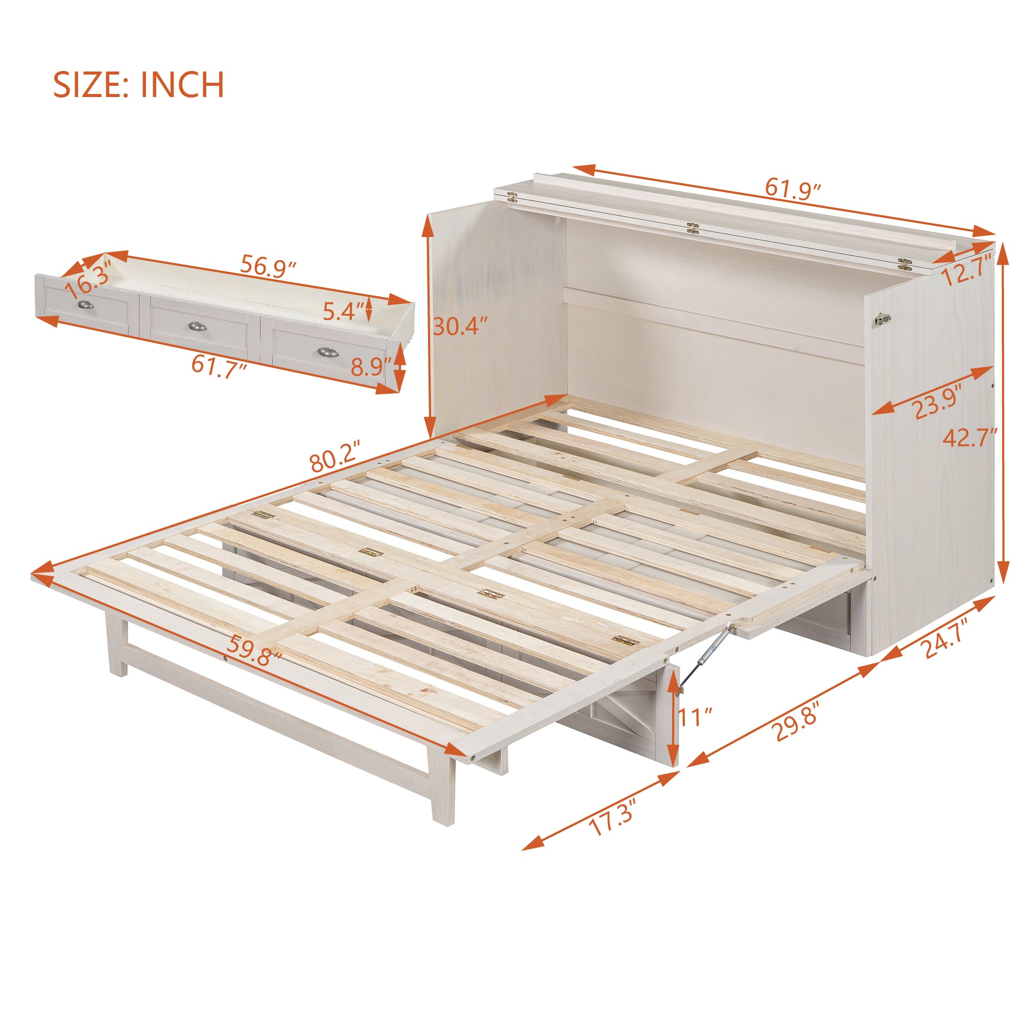 Queen Size Murphy Bed with Large Drawers,Brushed White