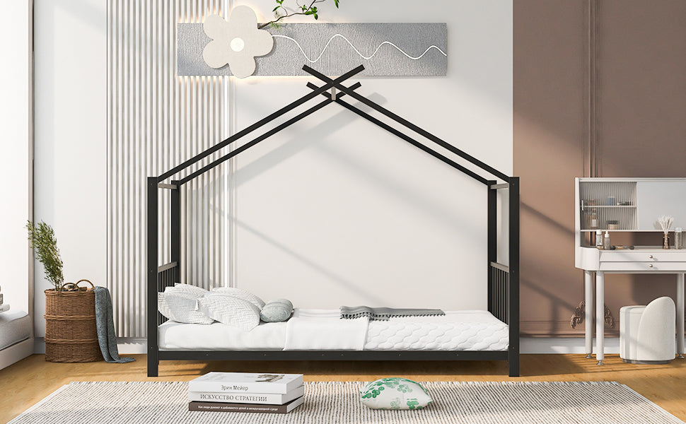 Twin Size Metal House Platform Bed, Black