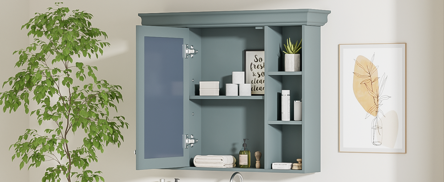 35'' x 28'' Blue Wall Mounted Bathroom Storage Cabinet with Mirror Door, Modern Bathroom Wall Cabinet with Mirror, Medicine Cabinet with 6 Open Shelves