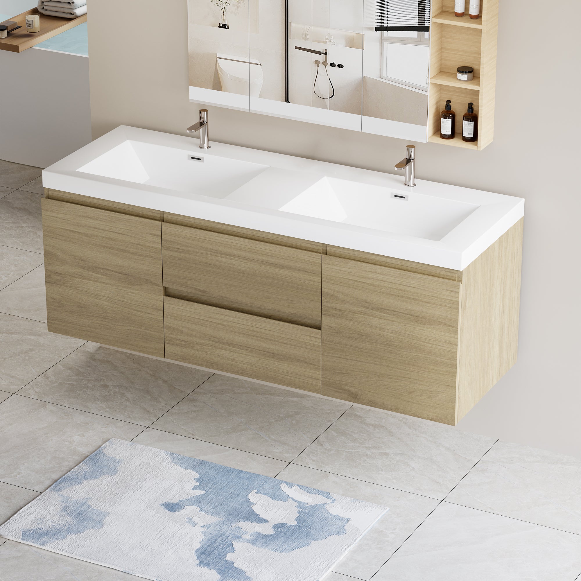 60" Floating Bathroom Vanity with Sink, Modern Wall-Mounted Bathroom Storage Vanity Cabinet with Double Resin Top Basins and Soft Close Drawers, Natural Oak 24V11-60DNO