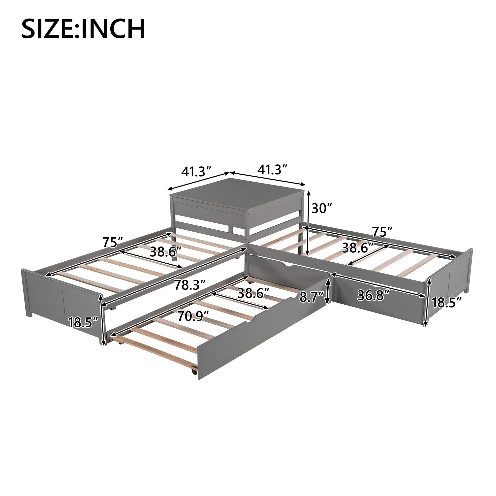 L-shaped Platform Bed with Trundle and Drawers Linked with built-in Desk,Twin,Gray(Old SKU:SM000916AAE-1)