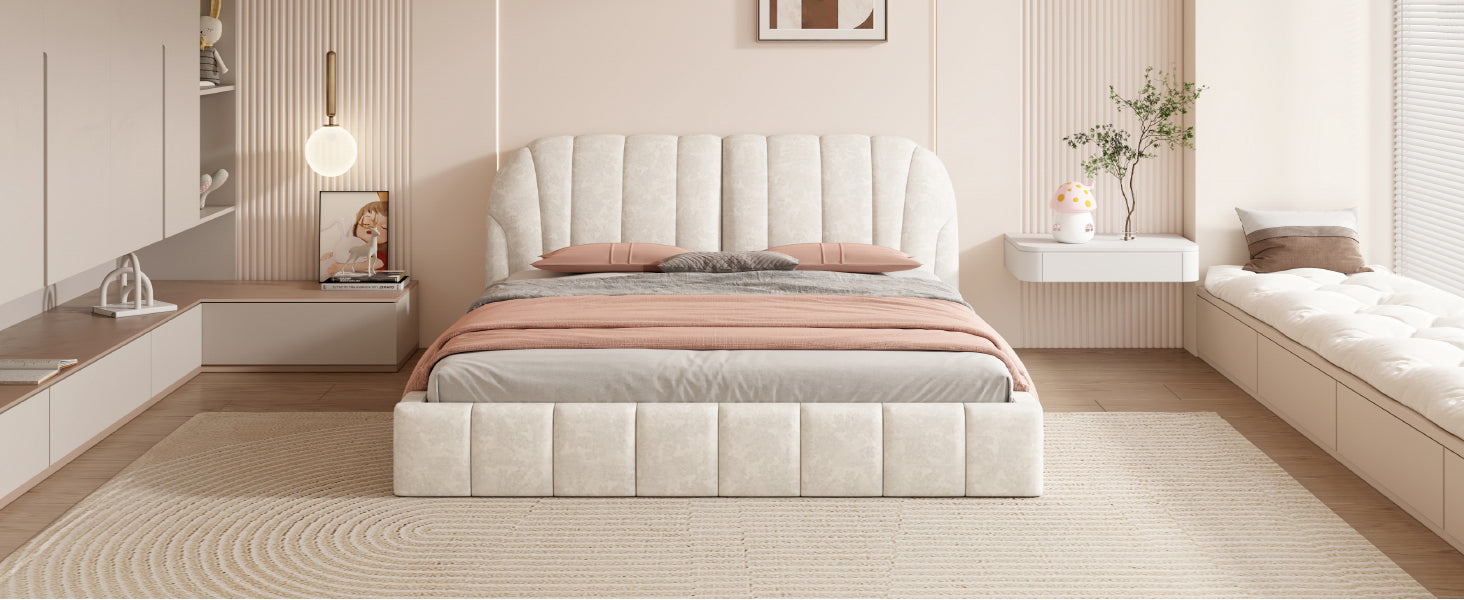 Queen Size Upholstered Platform Bed with Thick Fabric, Polyester, Beige