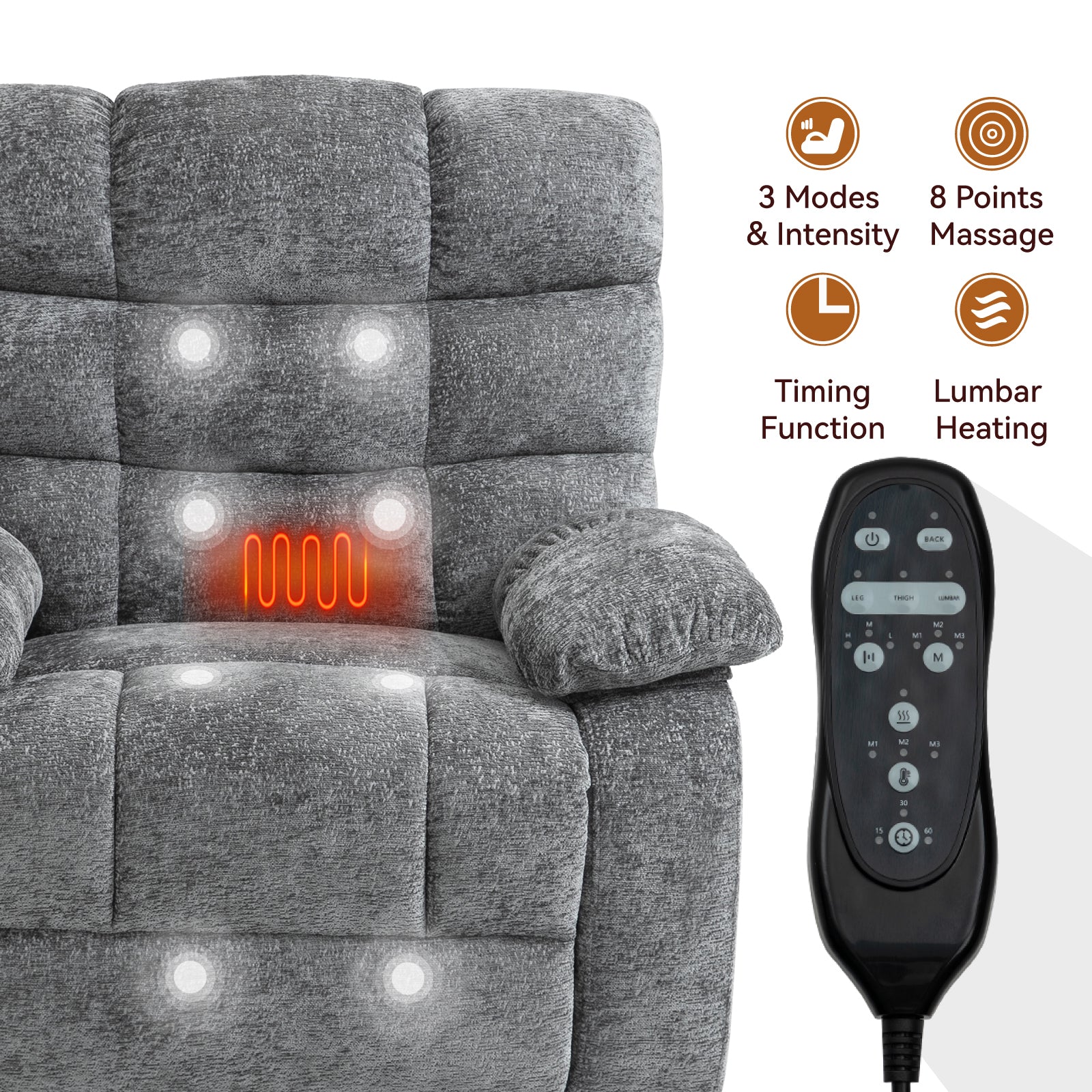 Lift Recliner Chair Heat Massage Dual Motor Infinite Position Up to 350 LBS Large Electric Power Lift Recliners with Power-Remote, Medium-firm and Heavy duty, Grey