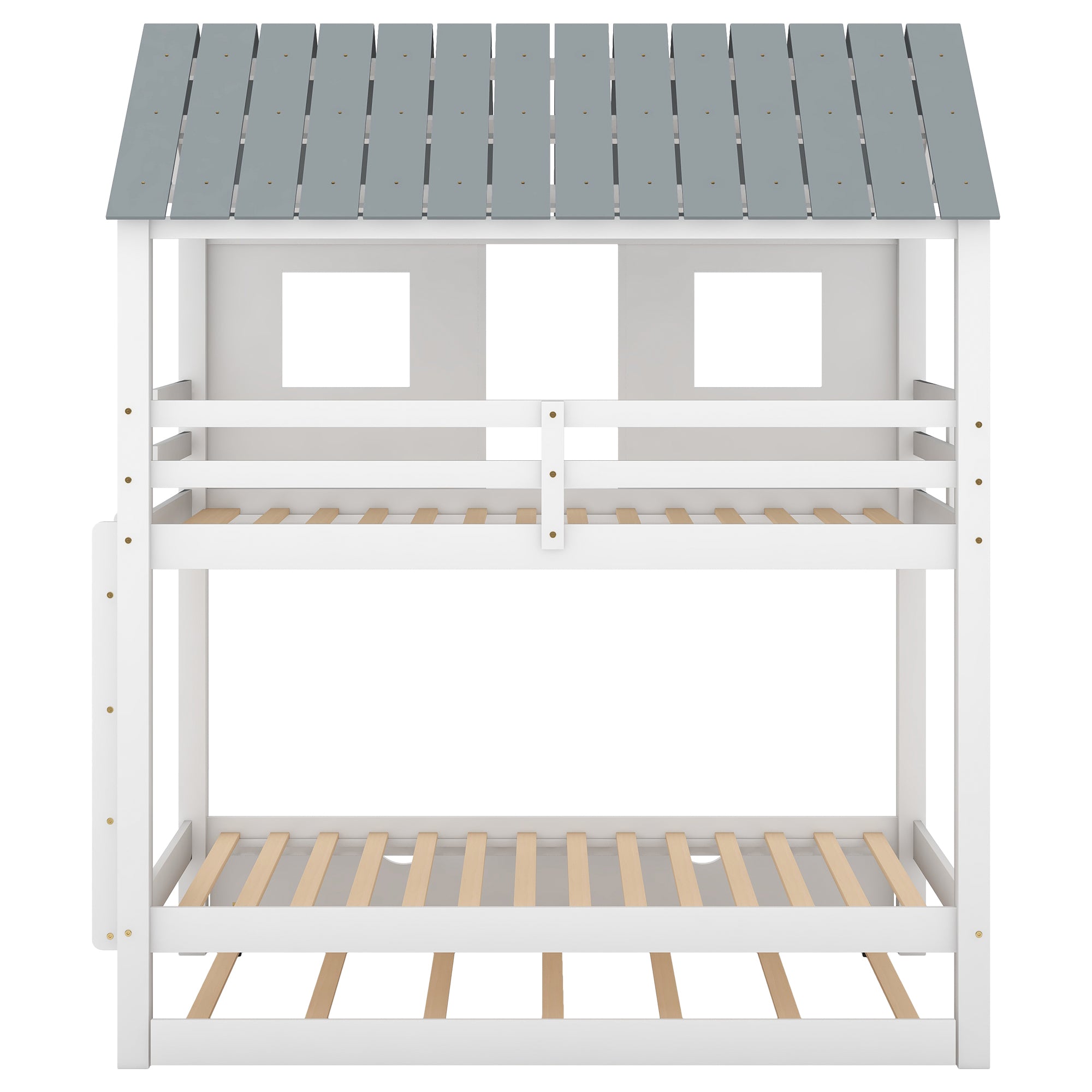 House Bunk Bed with Trundle,Roof and Windows,White(OLD SKU:GX000705AAK)